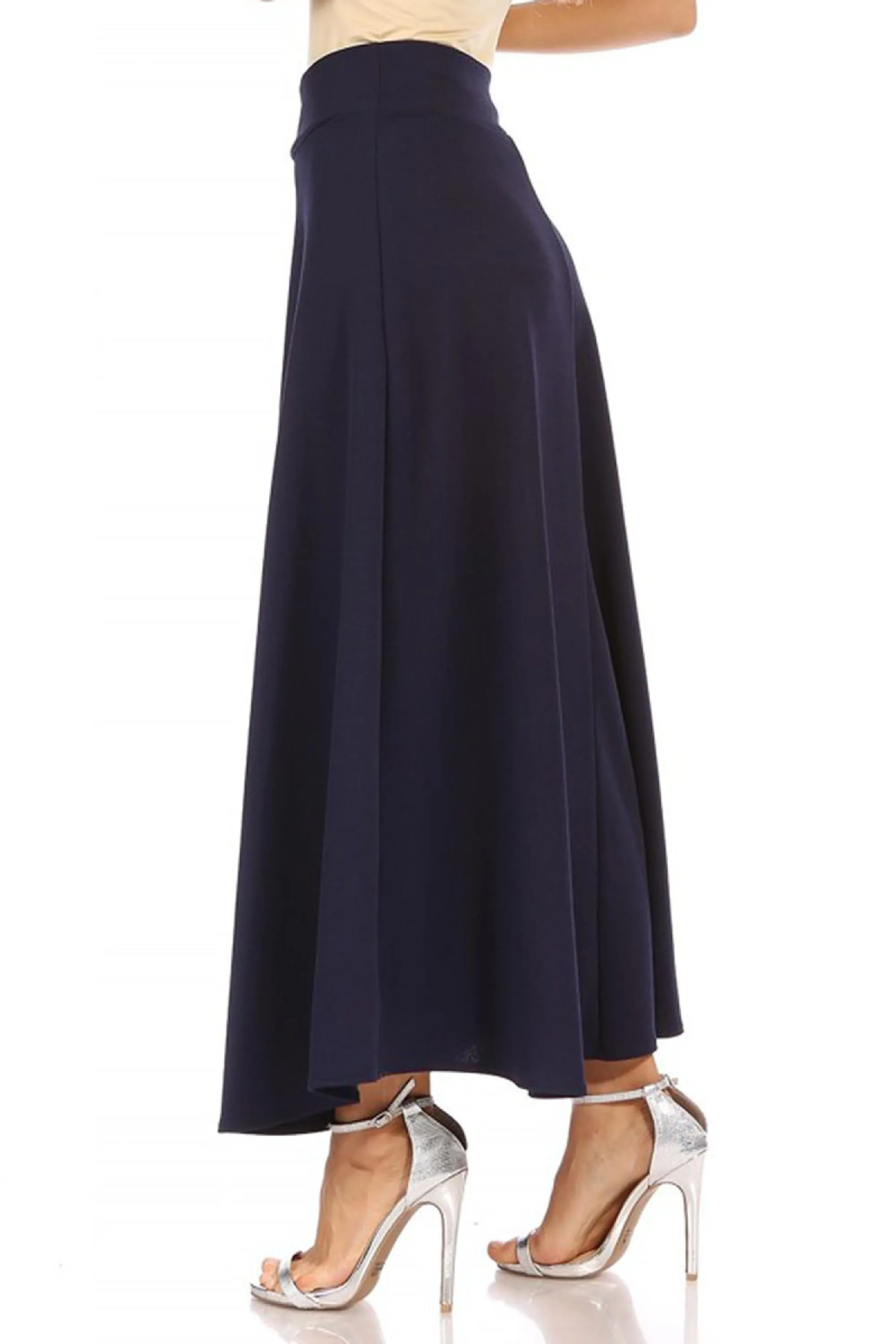 Women's Casual Solid High Waisted Flare A-line Midi Skirt with Elastic Waistband