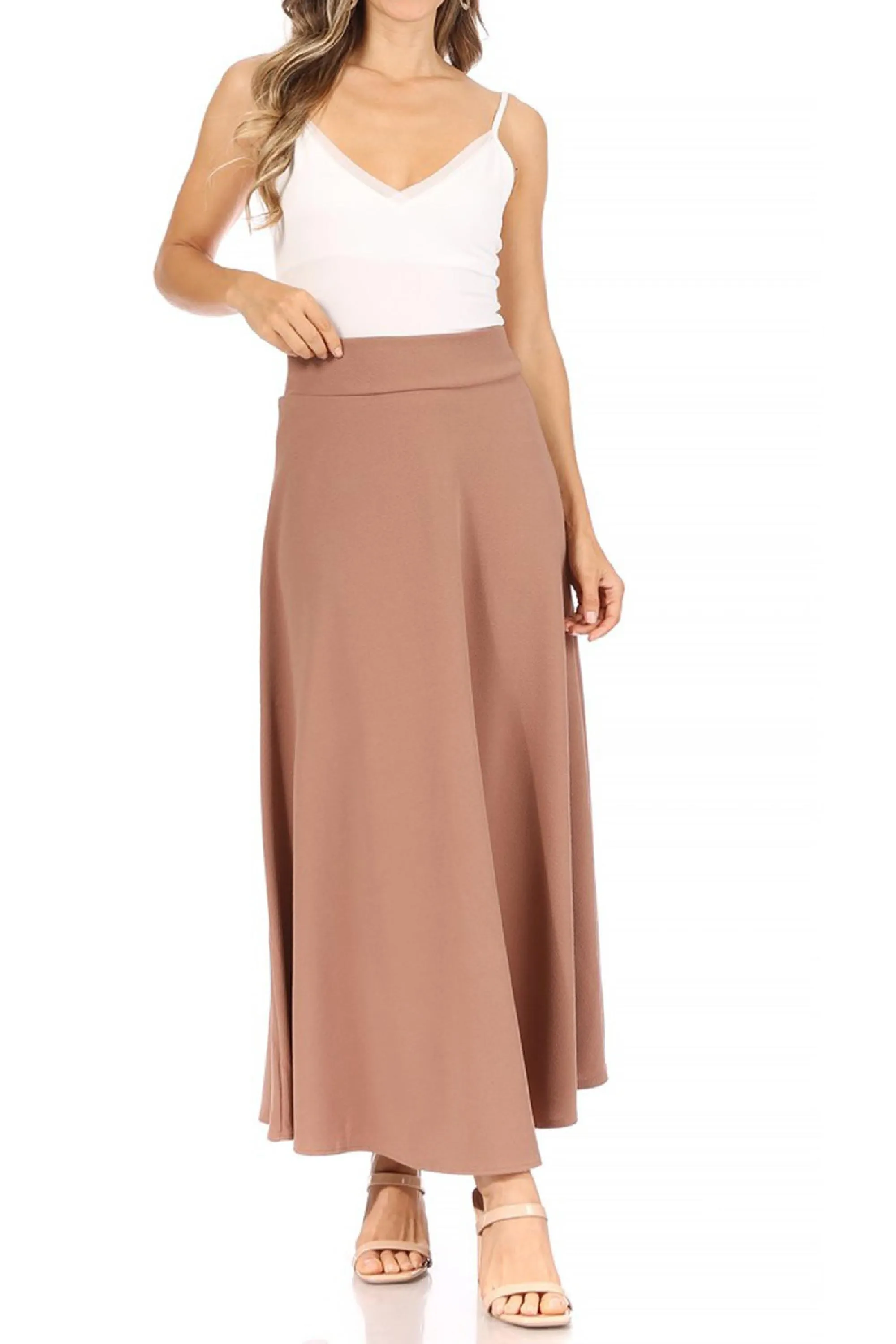 Women's Casual Solid High Waisted Flare A-line Midi Skirt with Elastic Waistband