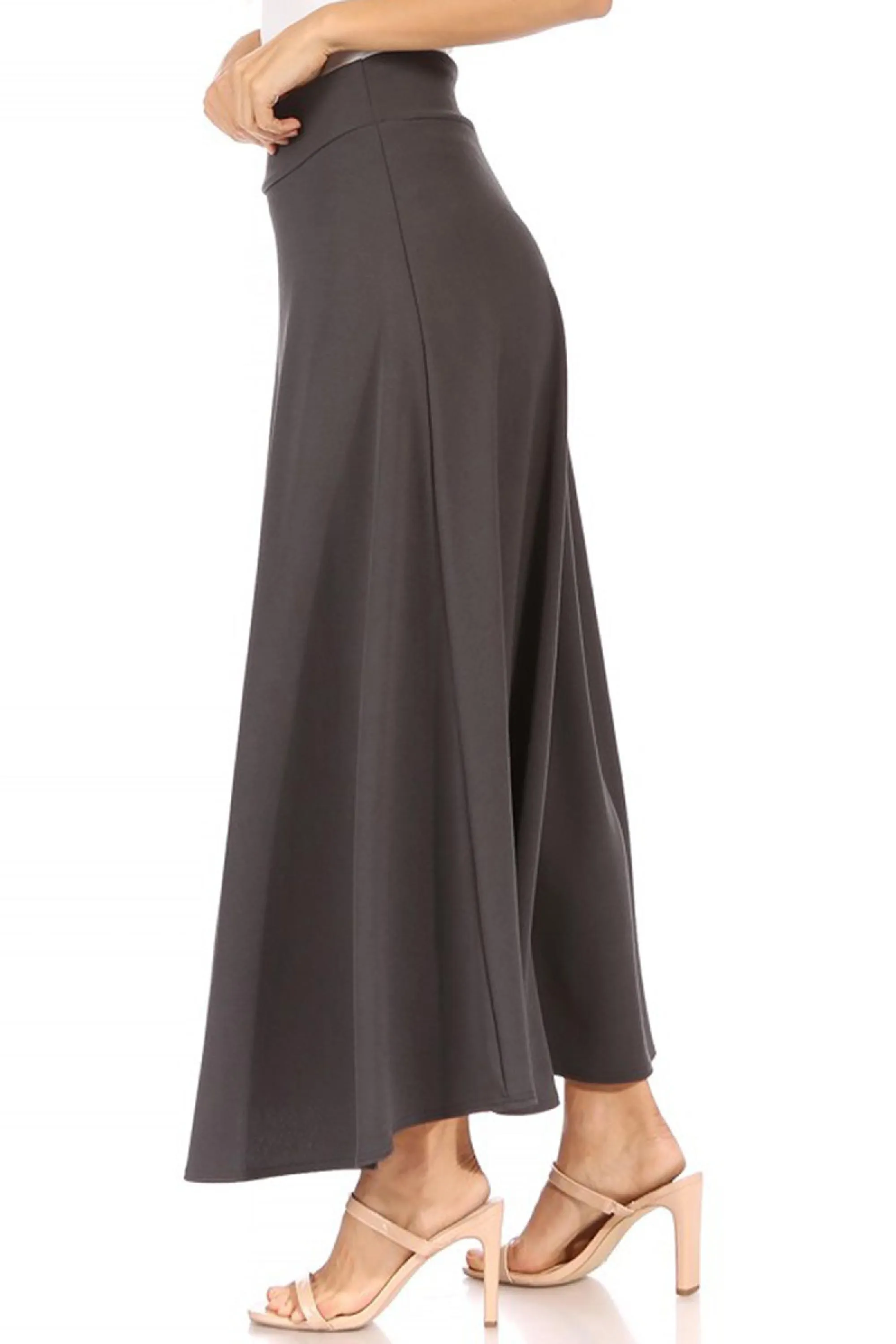 Women's Casual Solid High Waisted Flare A-line Midi Skirt with Elastic Waistband