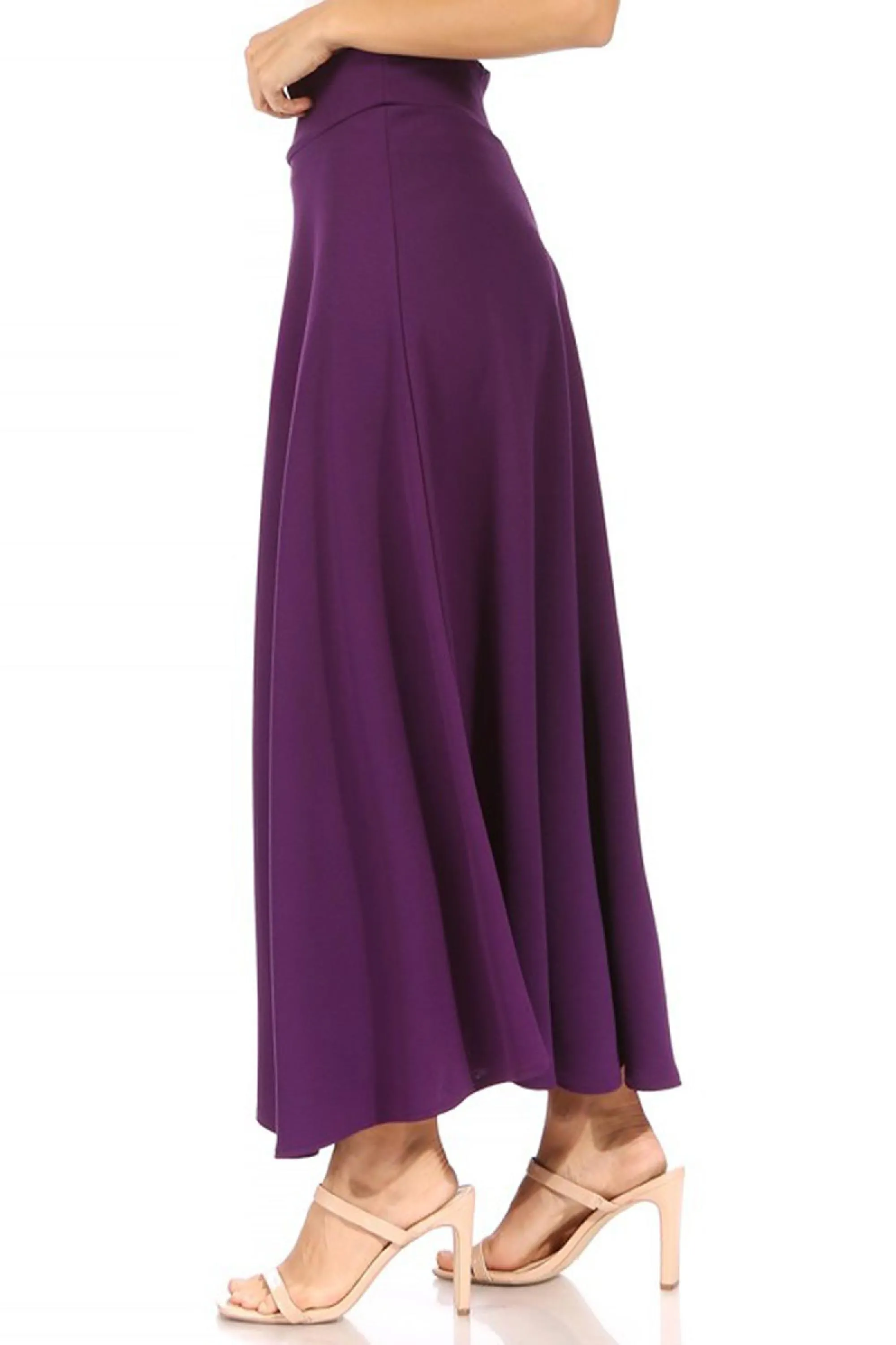 Women's Casual Solid High Waisted Flare A-line Midi Skirt with Elastic Waistband