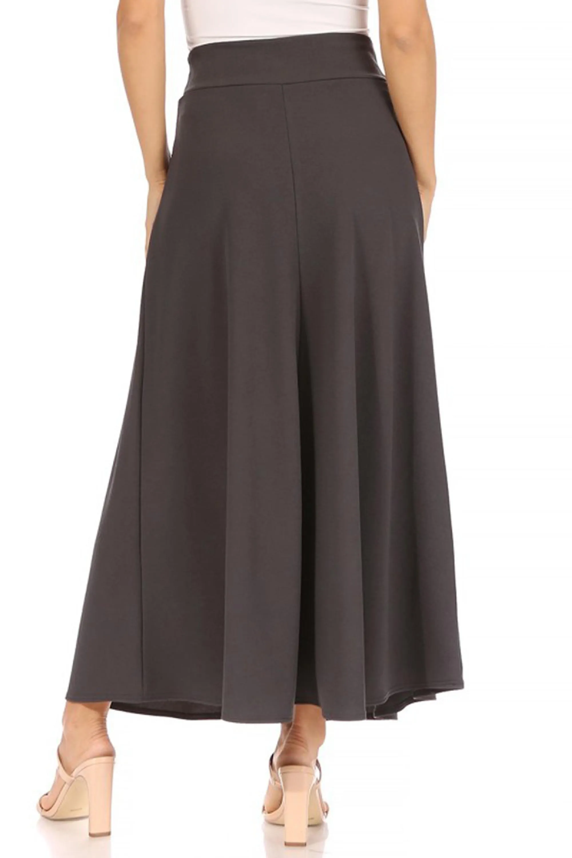 Women's Casual Solid High Waisted Flare A-line Midi Skirt with Elastic Waistband