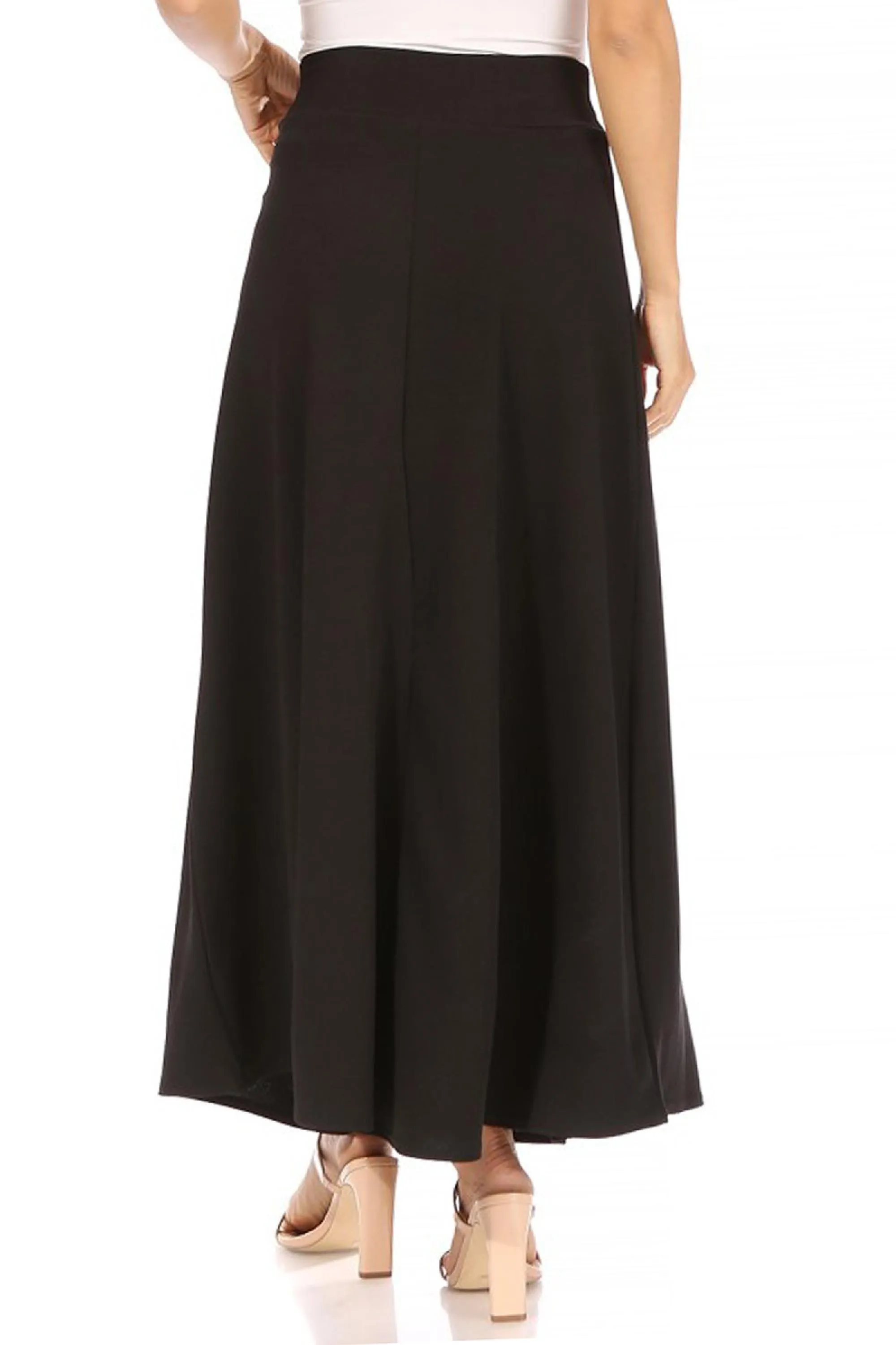 Women's Casual Solid High Waisted Flare A-line Midi Skirt with Elastic Waistband