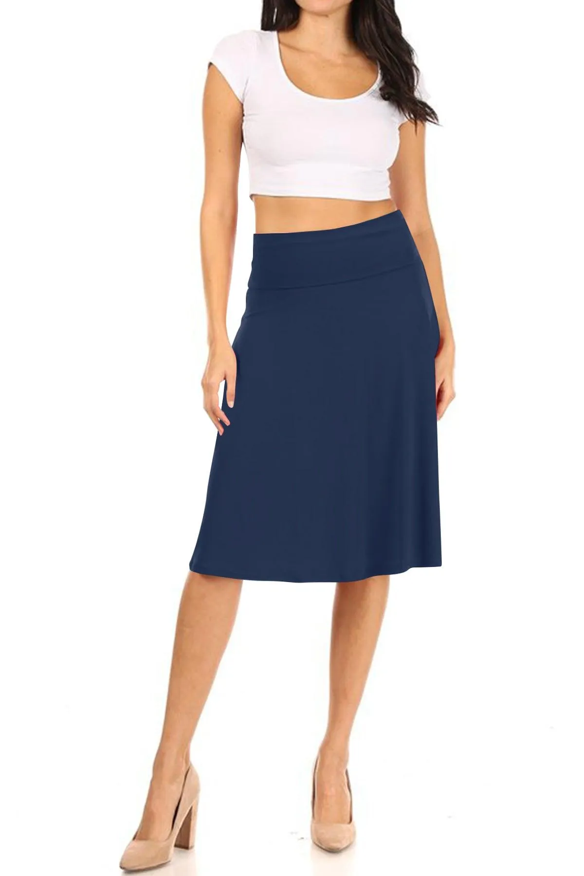 Women's Casual Stretch Basic Foldable High Waist Relaxed Fit A-Line Solid Midi Skirts