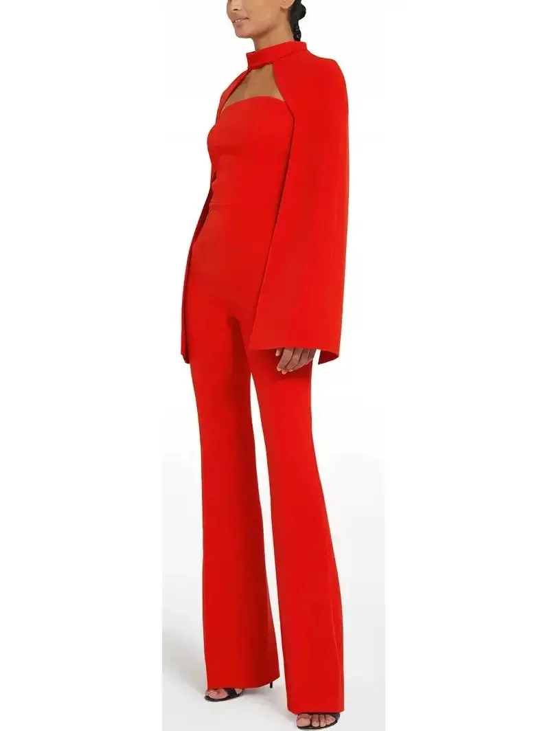 Women’s Cherry Red Cropped Cape and Myrine Jumpsuit Set