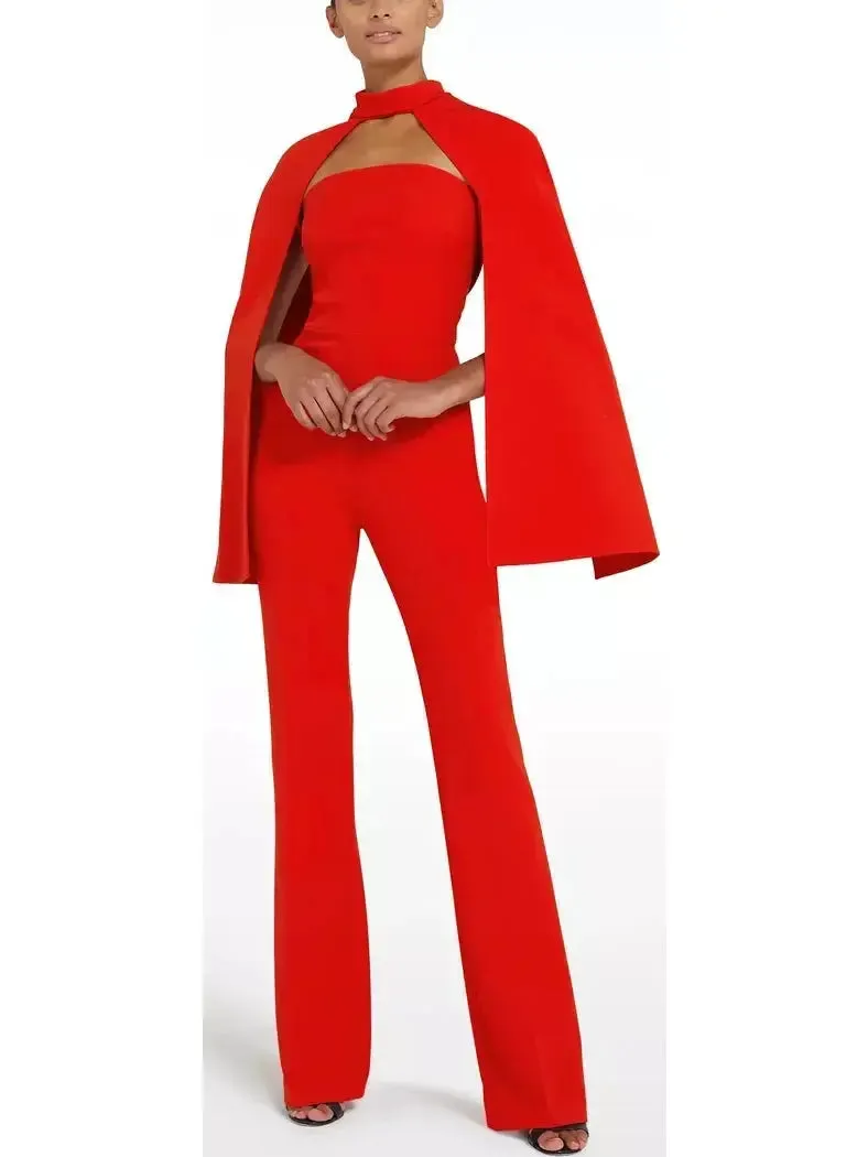 Women’s Cherry Red Cropped Cape and Myrine Jumpsuit Set