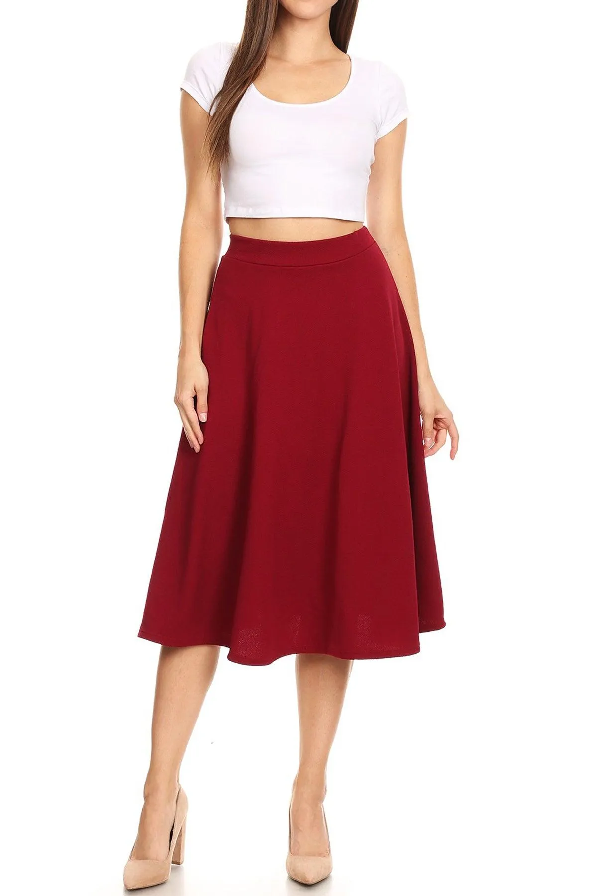 Women's Flared Lightweight Elastic Midi A-line Skirt