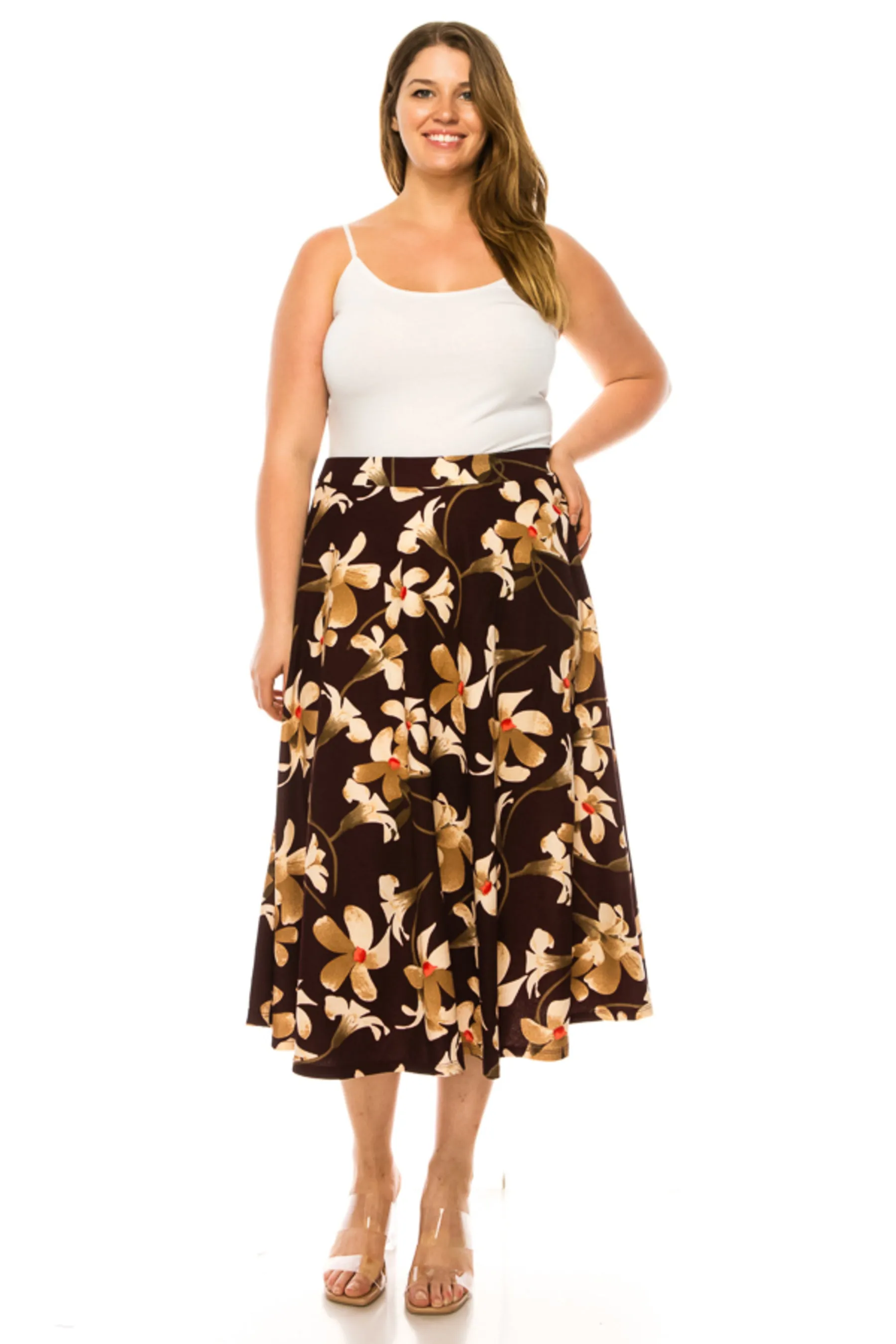 Women's Plus size A-line midi skirt with flowers and elastic waistband