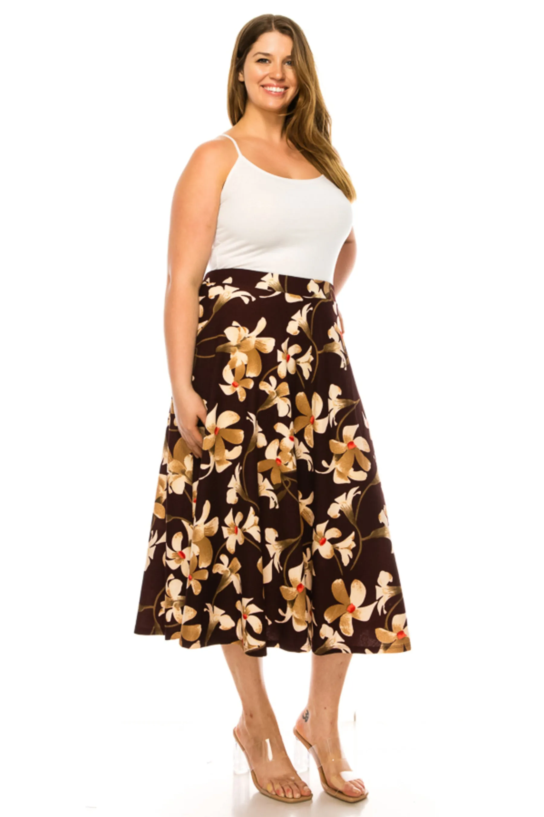 Women's Plus size A-line midi skirt with flowers and elastic waistband