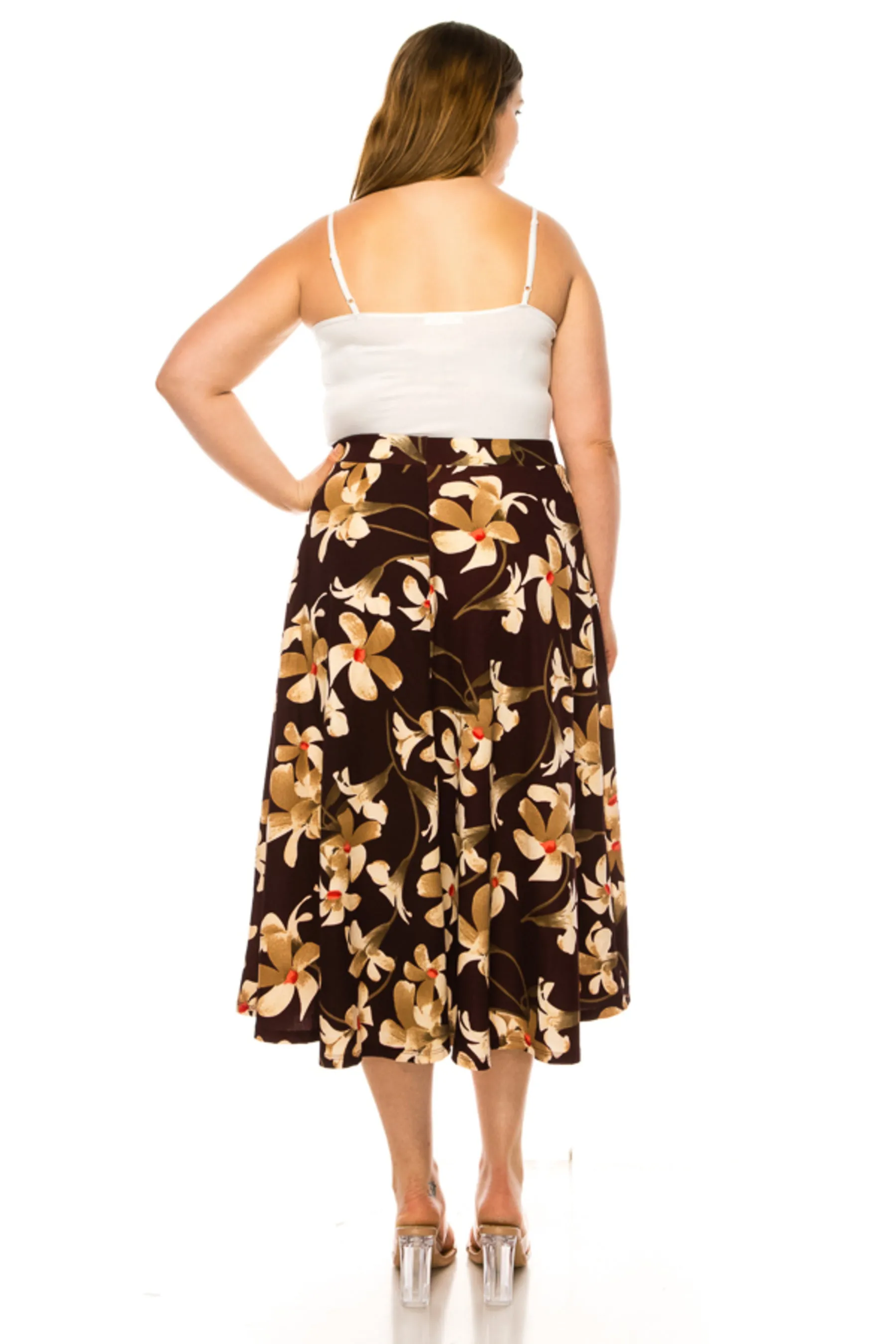 Women's Plus size A-line midi skirt with flowers and elastic waistband