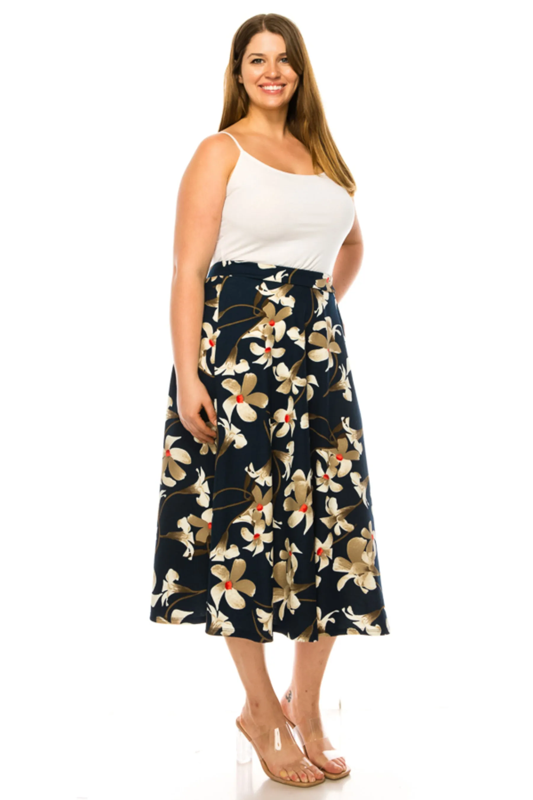 Women's Plus size A-line midi skirt with flowers and elastic waistband