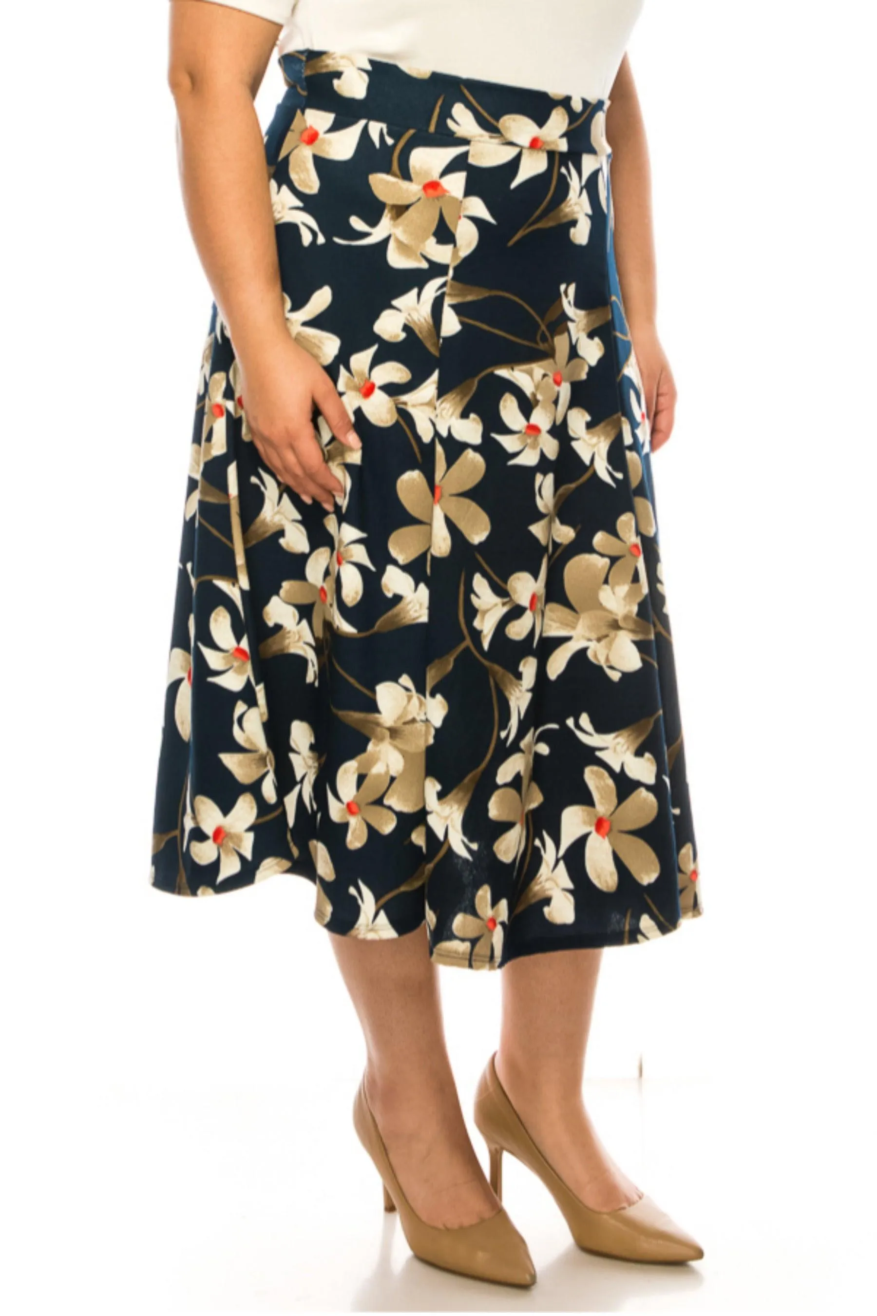 Women's Plus Size Classic Floral Print Flared Lightweight Midi A-line Skirt