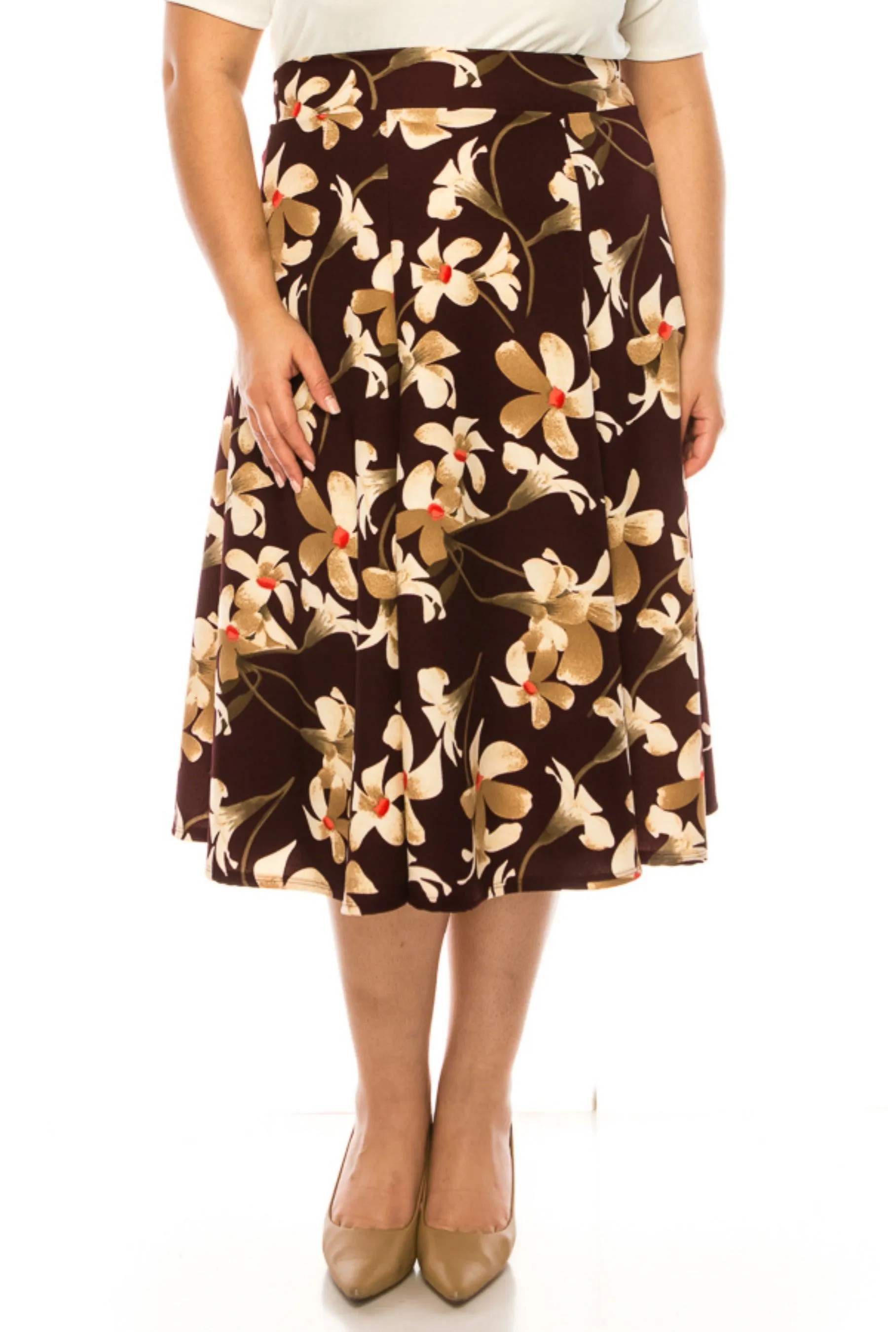 Women's Plus Size Classic Floral Print Flared Lightweight Midi A-line Skirt