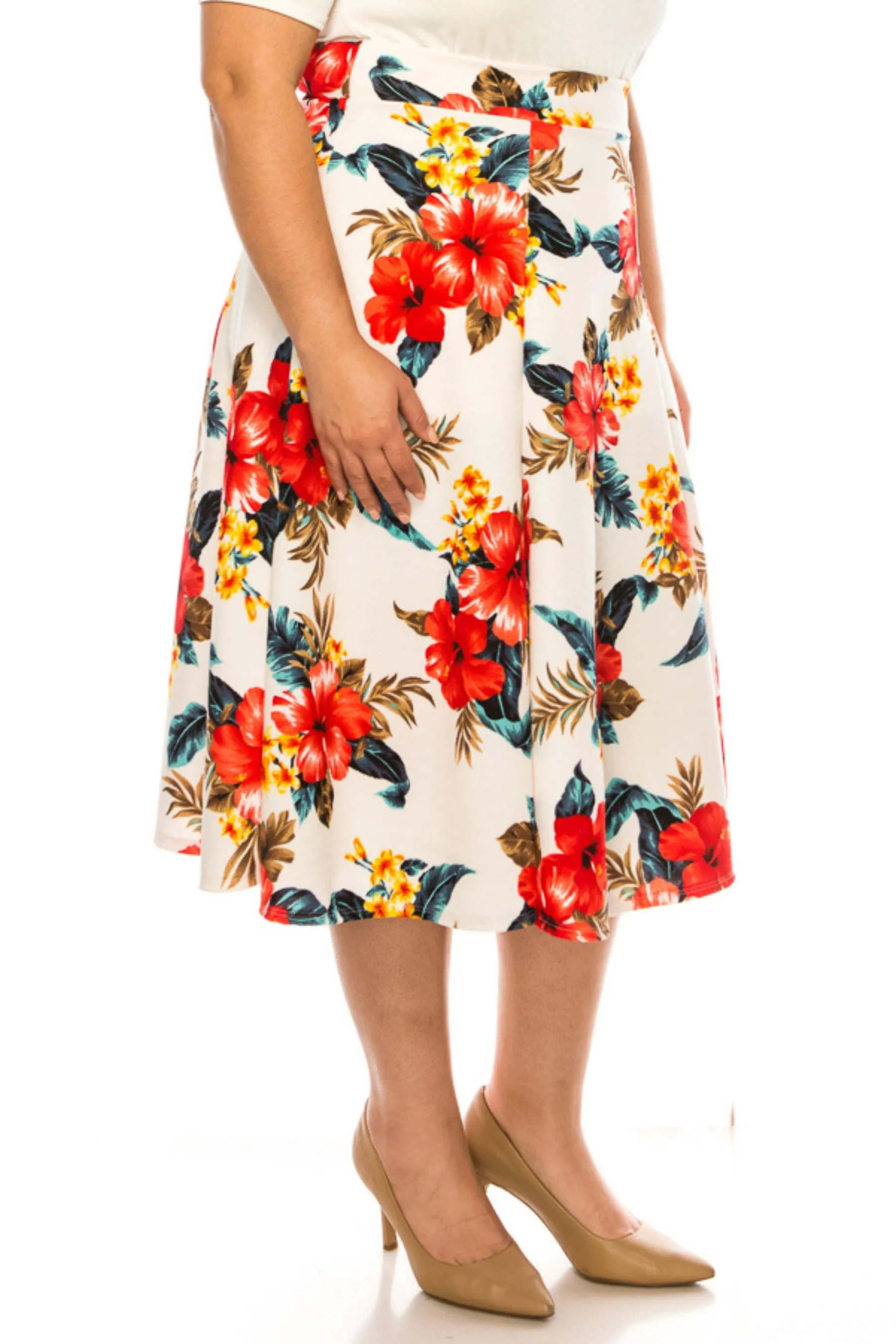 Women's Plus Size Classic Floral Print Flared Lightweight Midi A-line Skirt