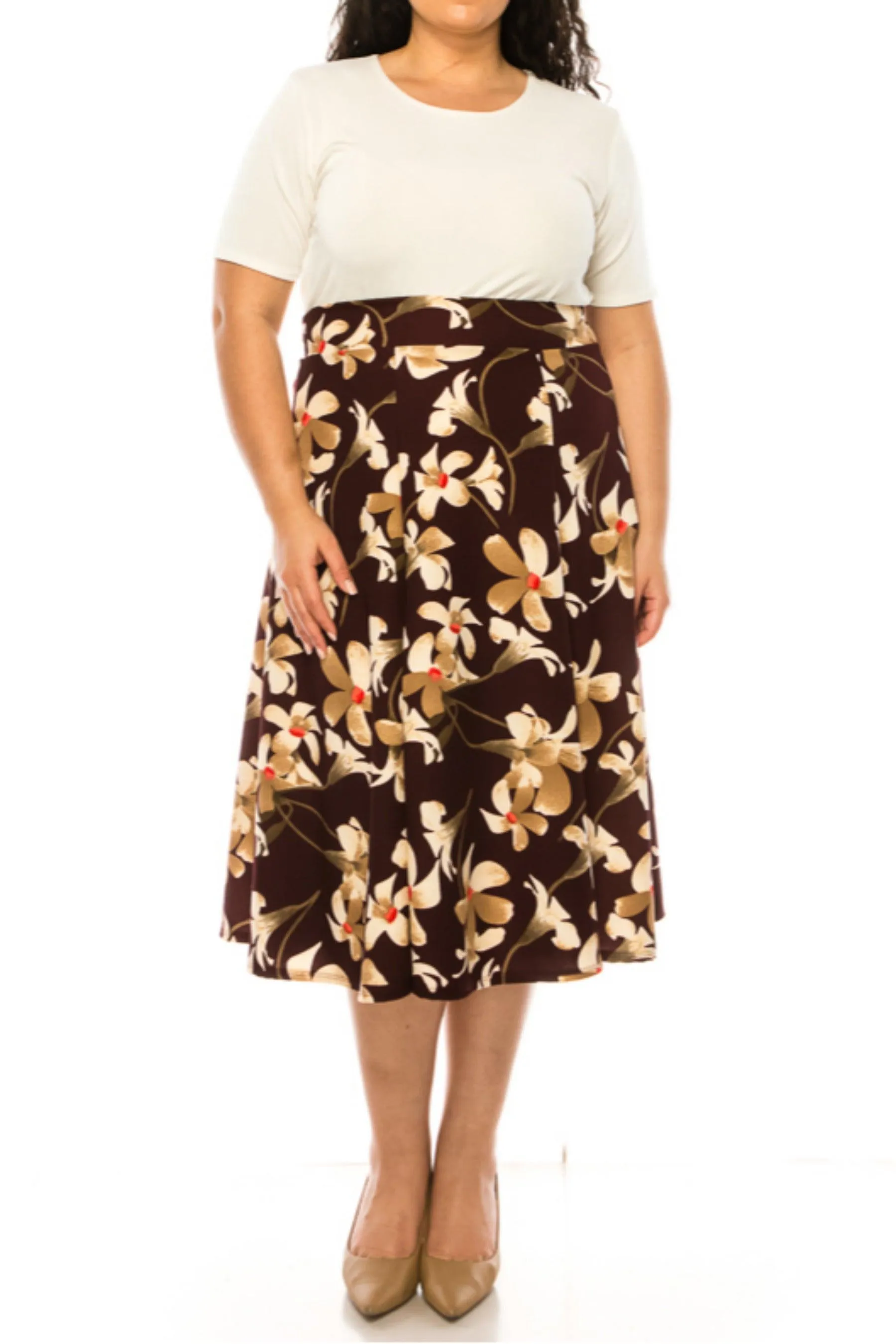 Women's Plus Size Classic Floral Print Flared Lightweight Midi A-line Skirt