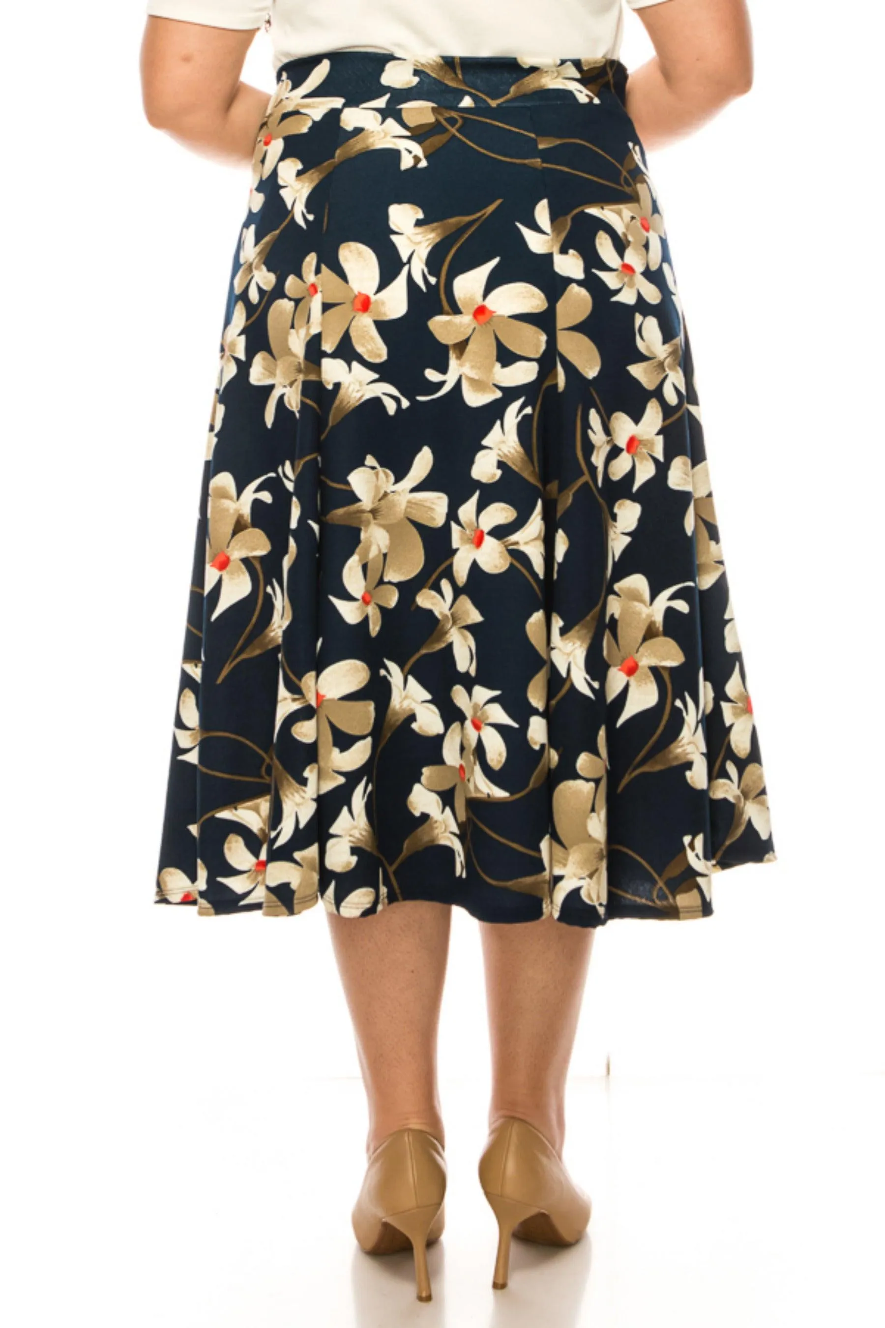 Women's Plus Size Classic Floral Print Flared Lightweight Midi A-line Skirt