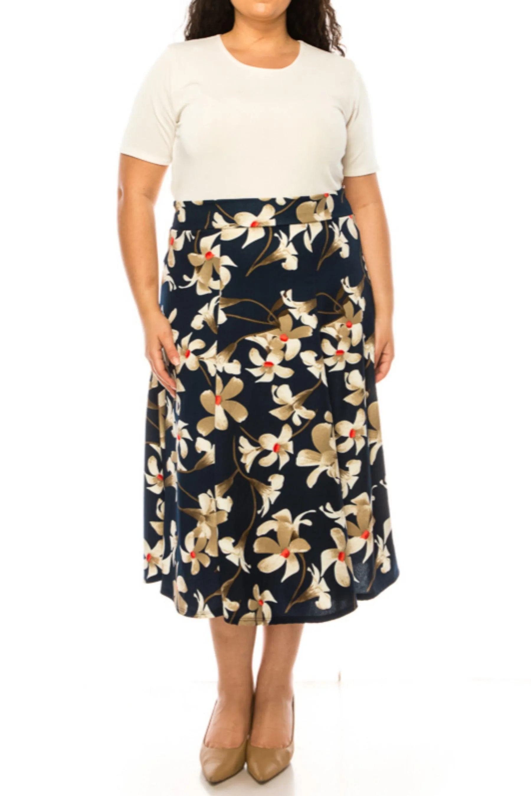 Women's Plus Size Classic Floral Print Flared Lightweight Midi A-line Skirt