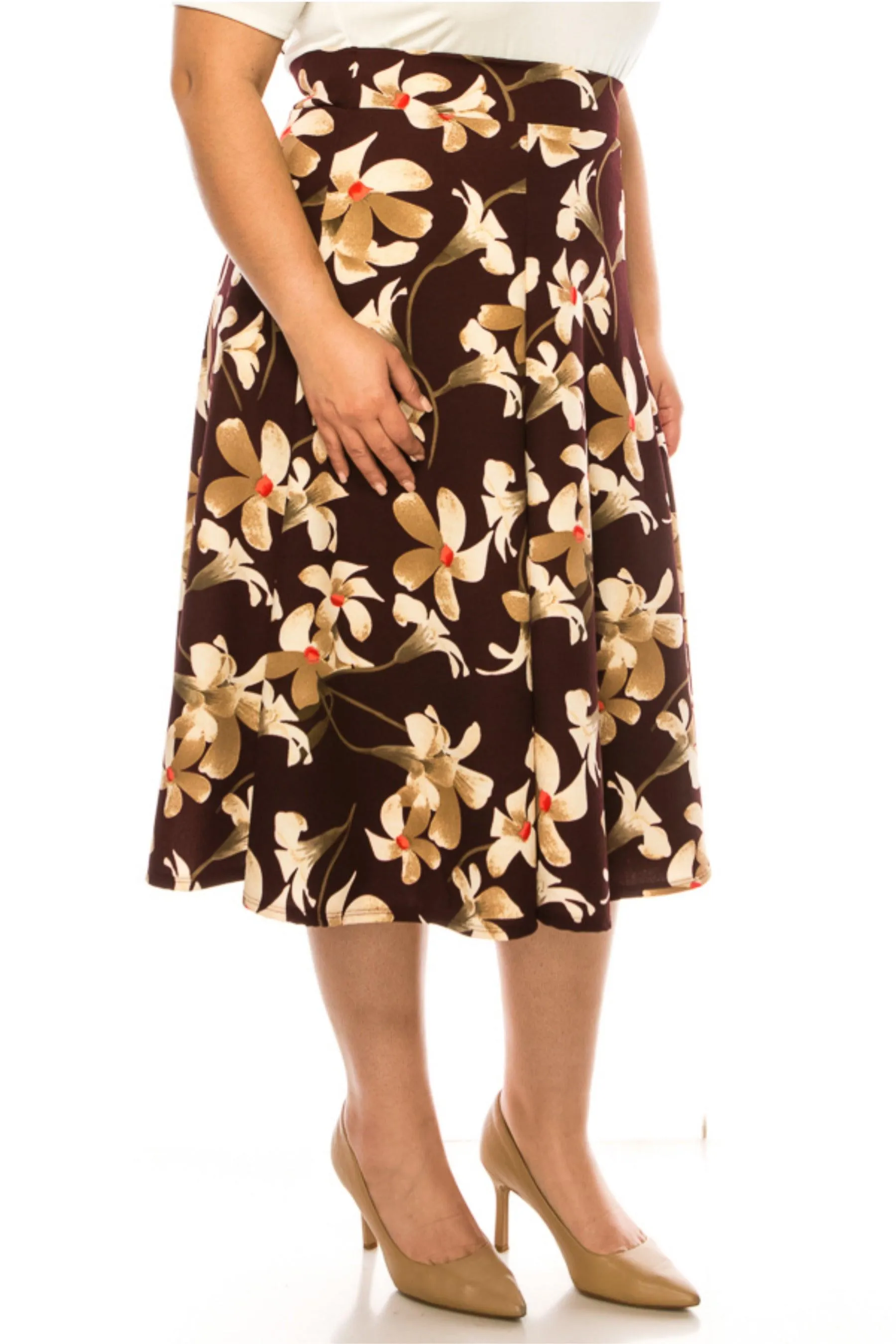 Women's Plus Size Classic Floral Print Flared Lightweight Midi A-line Skirt