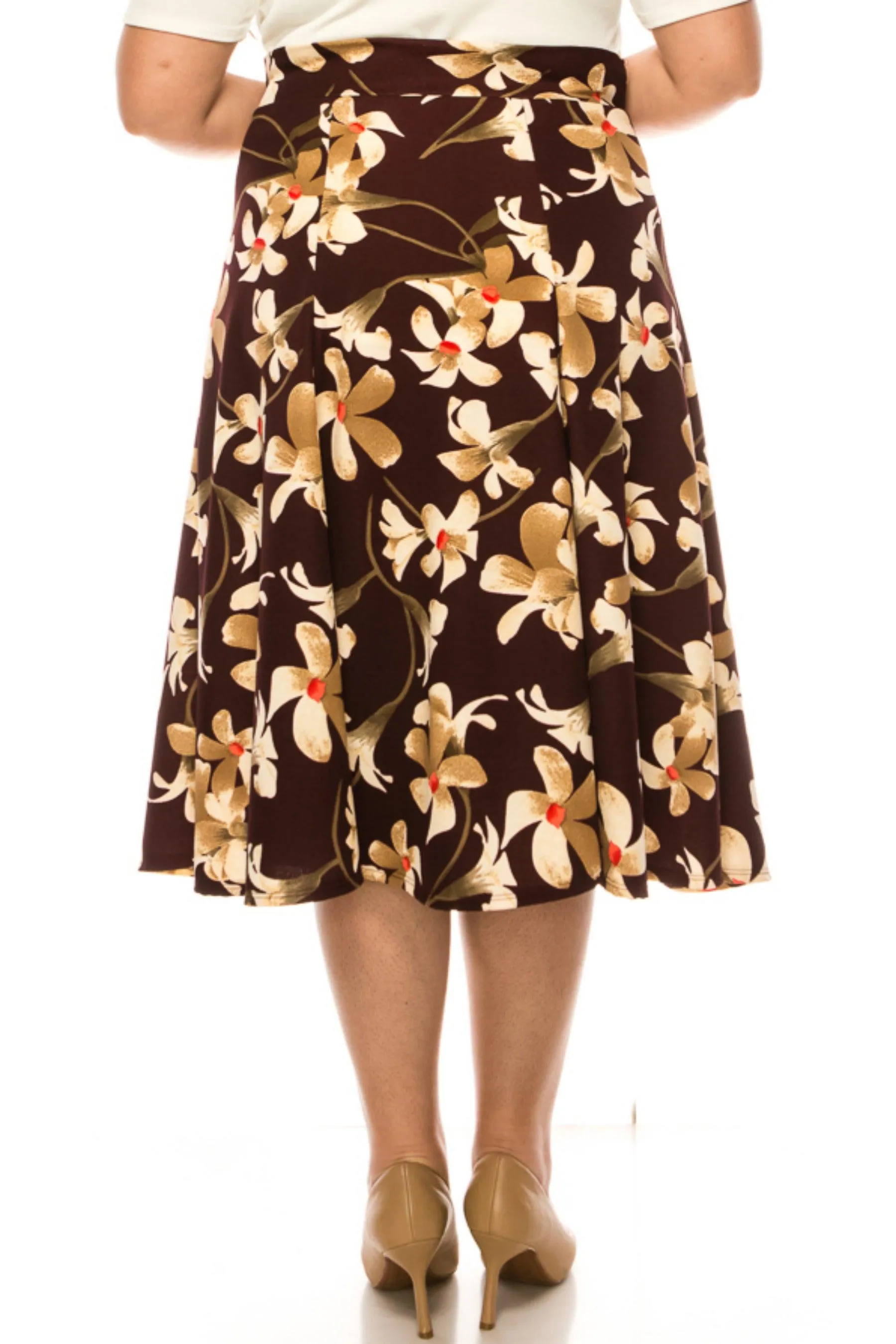 Women's Plus Size Classic Floral Print Flared Lightweight Midi A-line Skirt