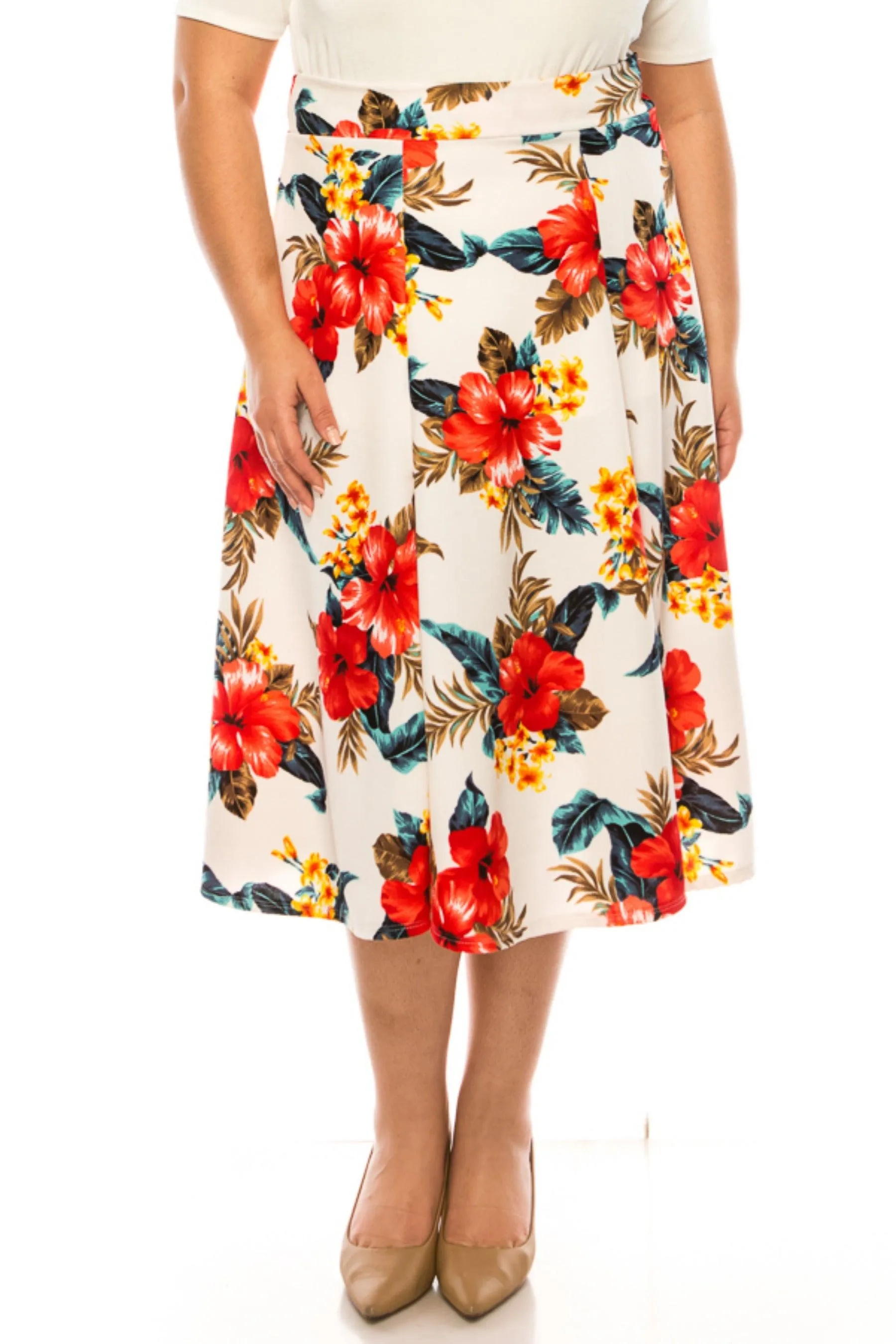 Women's Plus Size Classic Floral Print Flared Lightweight Midi A-line Skirt