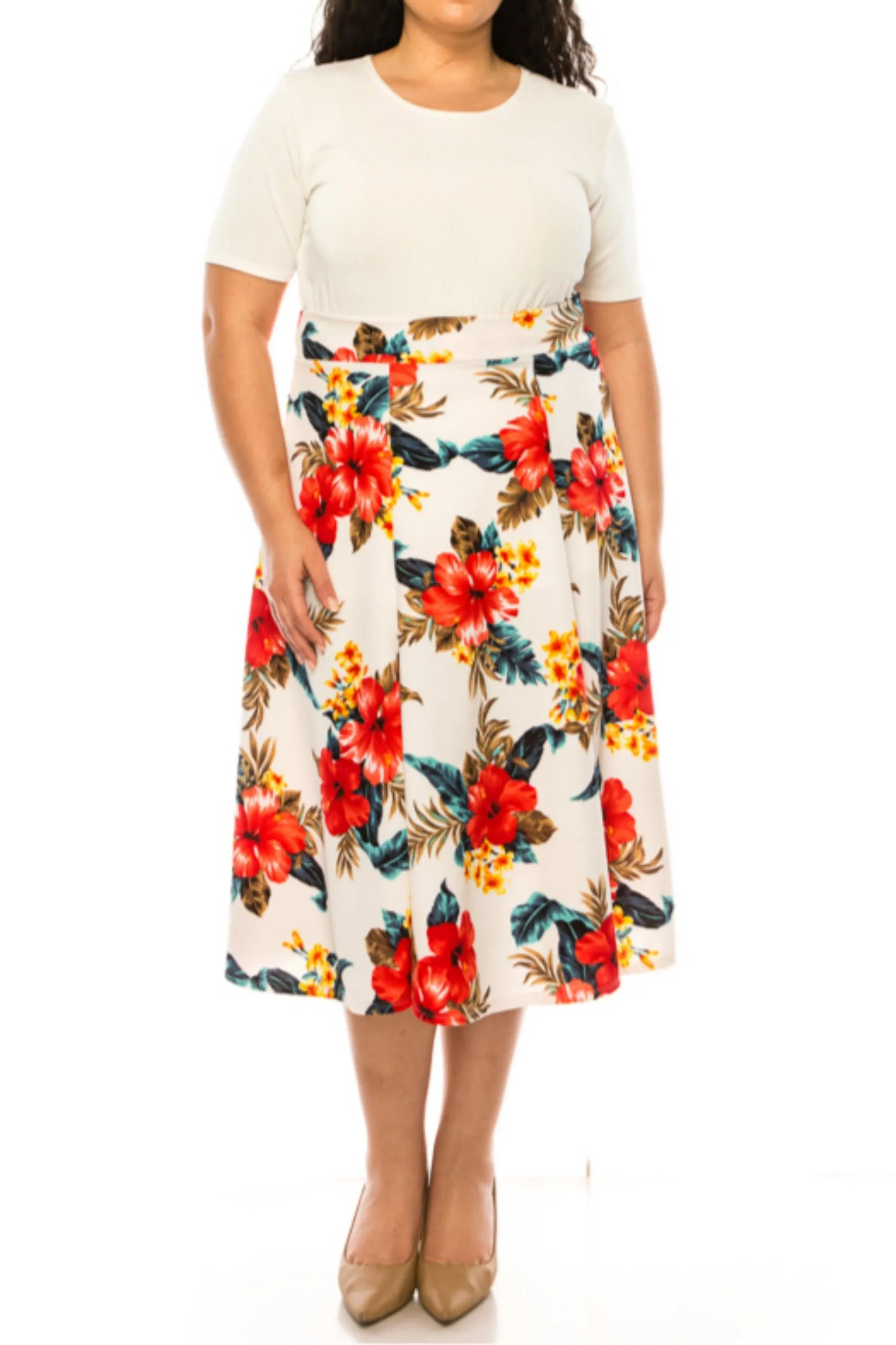 Women's Plus Size Classic Floral Print Flared Lightweight Midi A-line Skirt