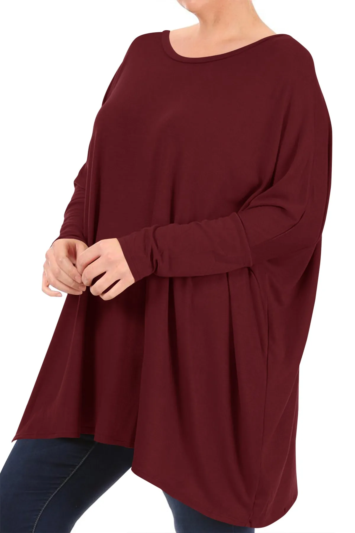 Women's Plus Size Oversized Long Sleeve A-Line Casual Solid Relaxed T-Shirt Tunic Top