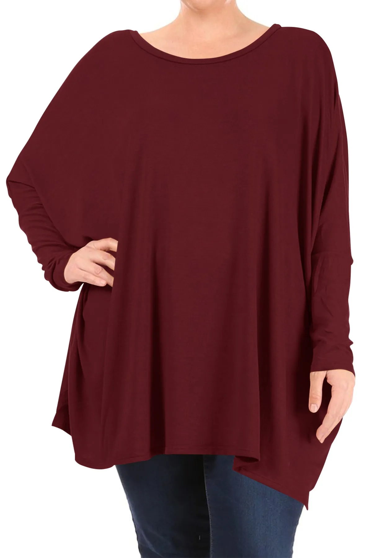 Women's Plus Size Oversized Long Sleeve A-Line Casual Solid Relaxed T-Shirt Tunic Top