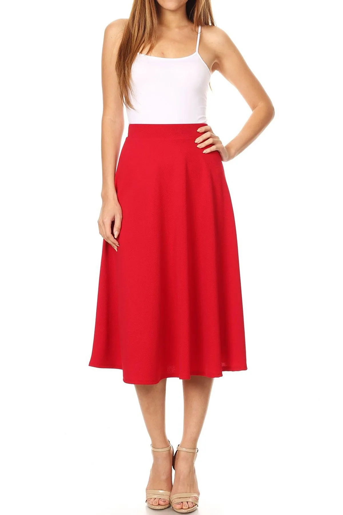 Women's Solid Basic Casual Elastic Waist A-line Flared Midi Skirt S-3XL