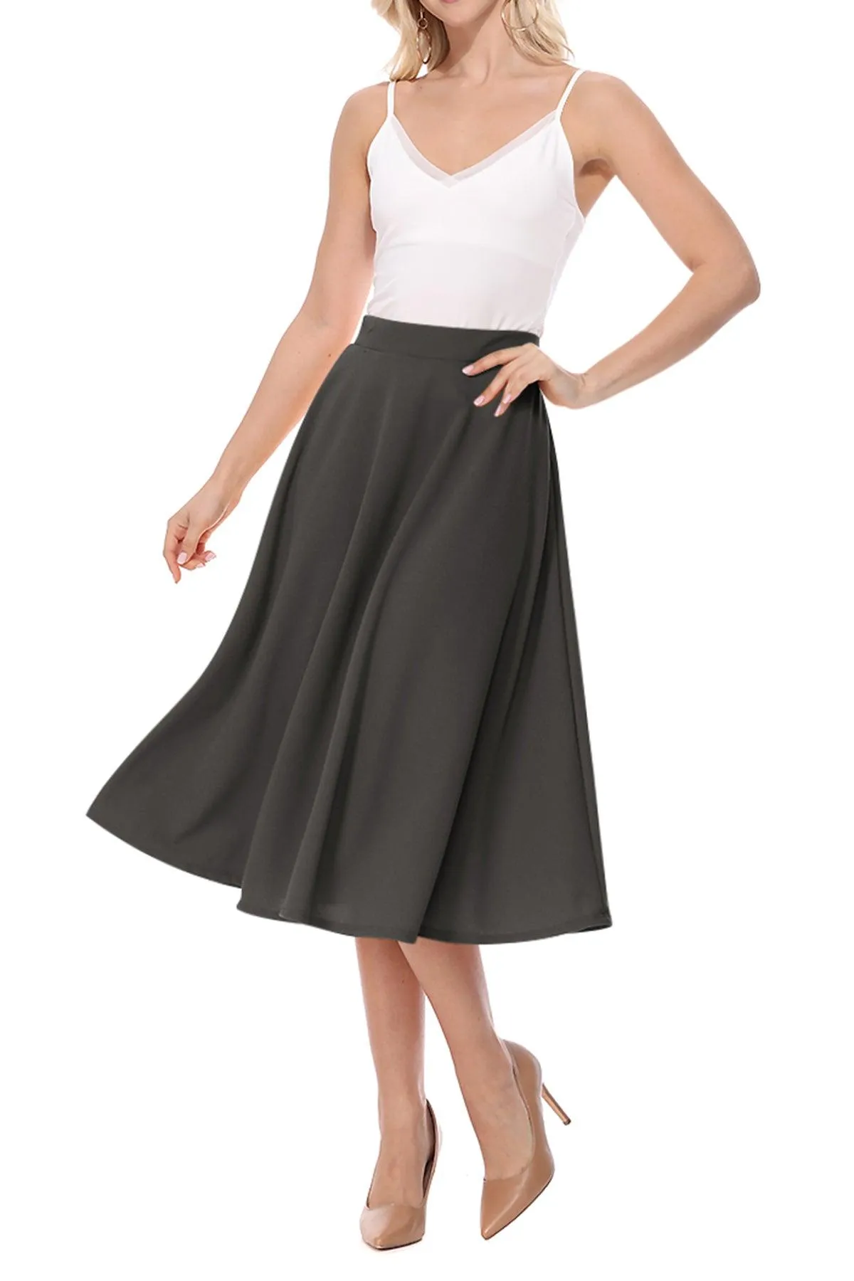 Women's Solid Basic Casual Elastic Waist A-line Flared Midi Skirt S-3XL