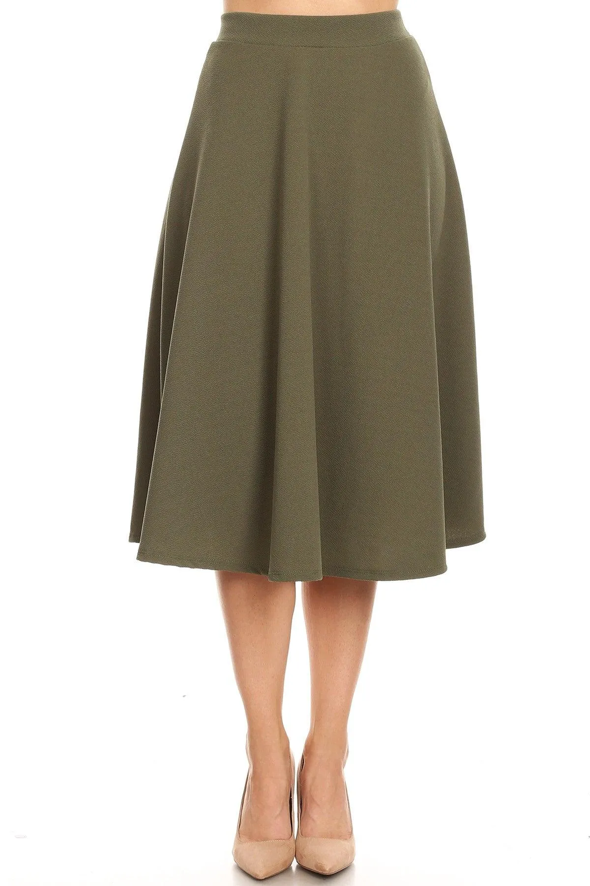 Women's Solid Basic Casual Elastic Waist A-line Flared Midi Skirt S-3XL