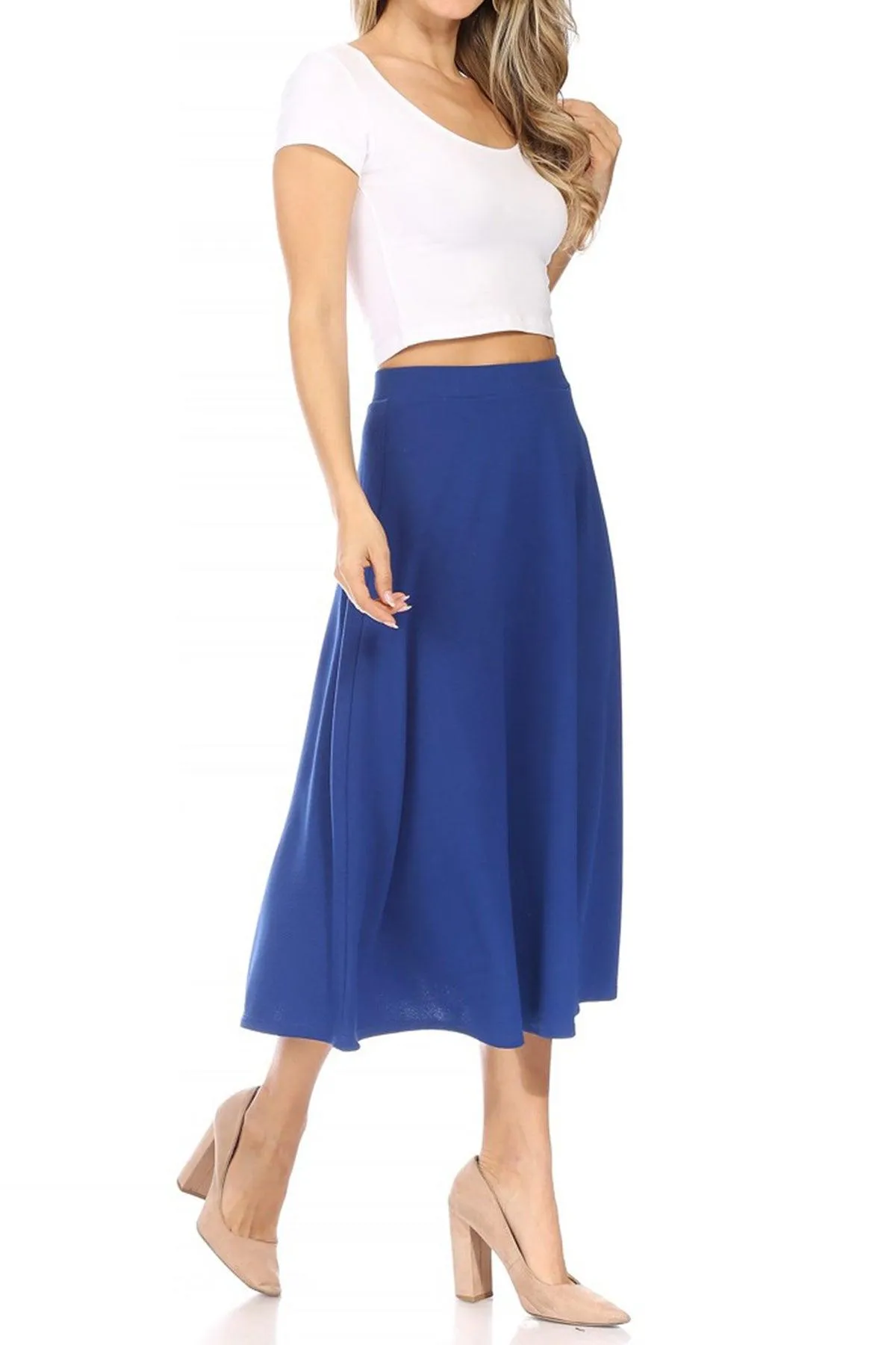 Women's Solid Basic Casual Elastic Waist A-line Flared Midi Skirt S-3XL