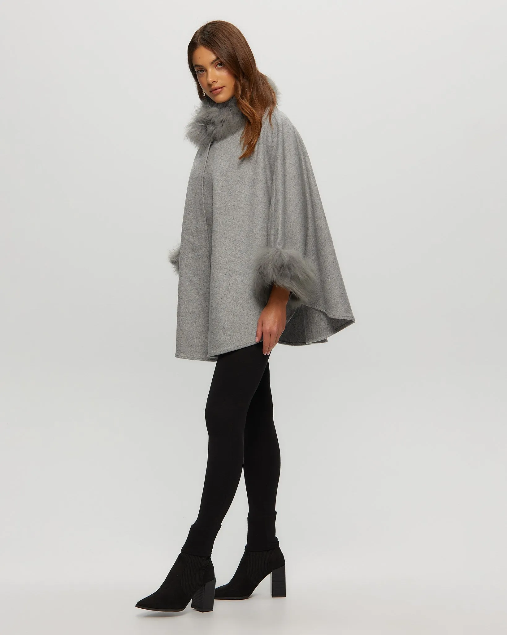 Wool and Cashmere Blend Cape with Toscana Shearling Lamb Trim