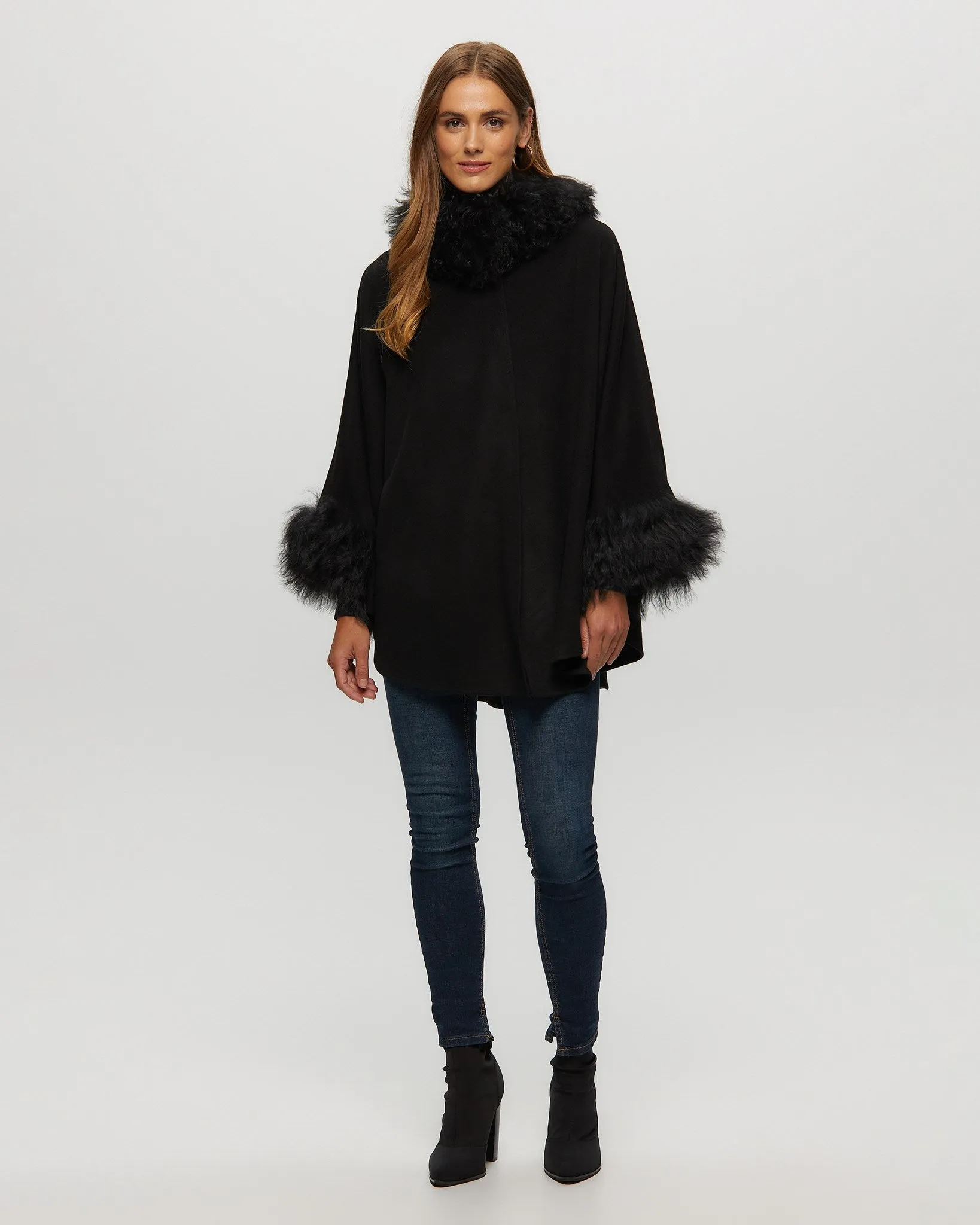 Wool and Cashmere Blend Cape with Toscana Shearling Lamb Trim