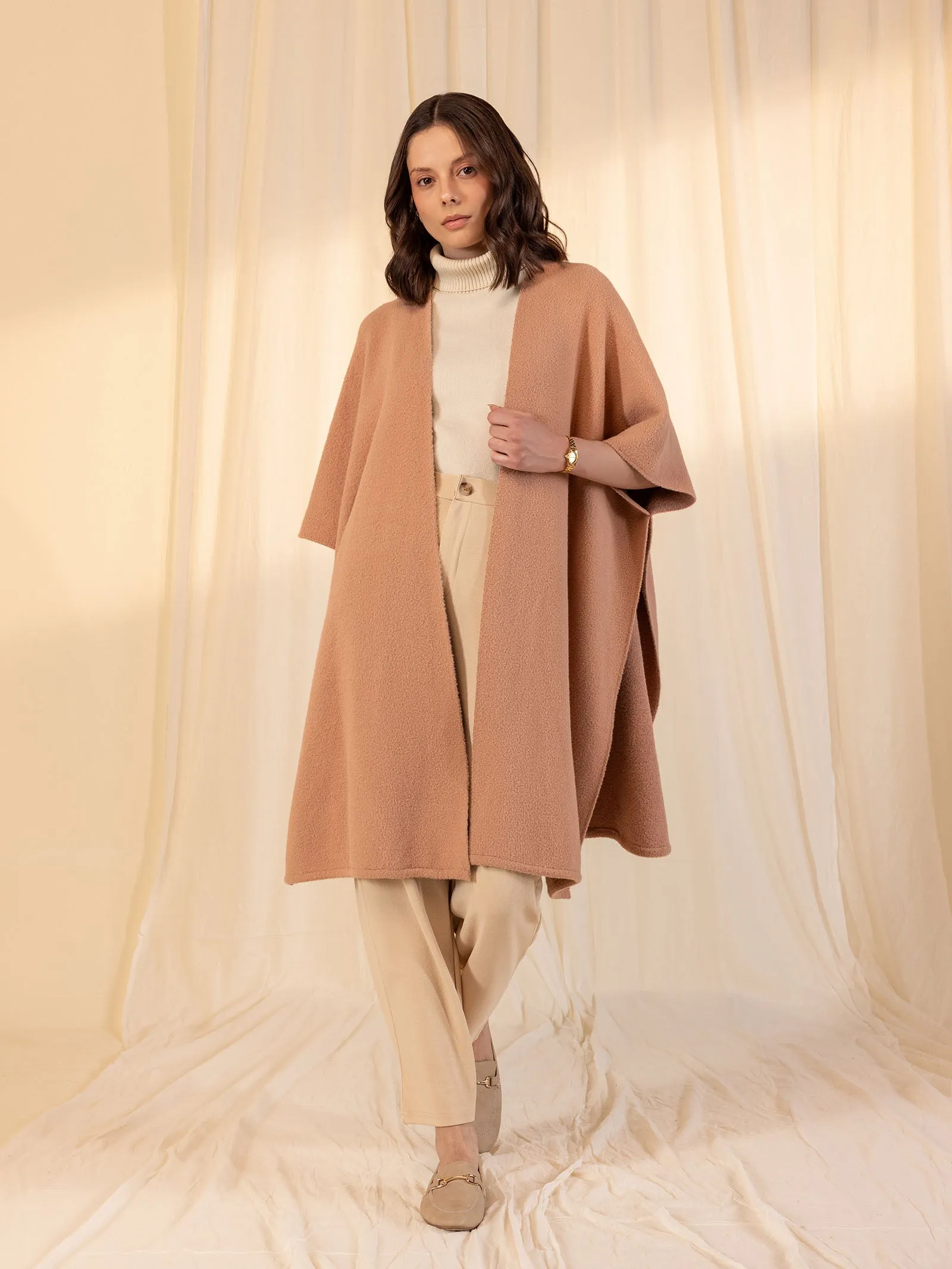 Woolen Reversible Plain Cape - Peach