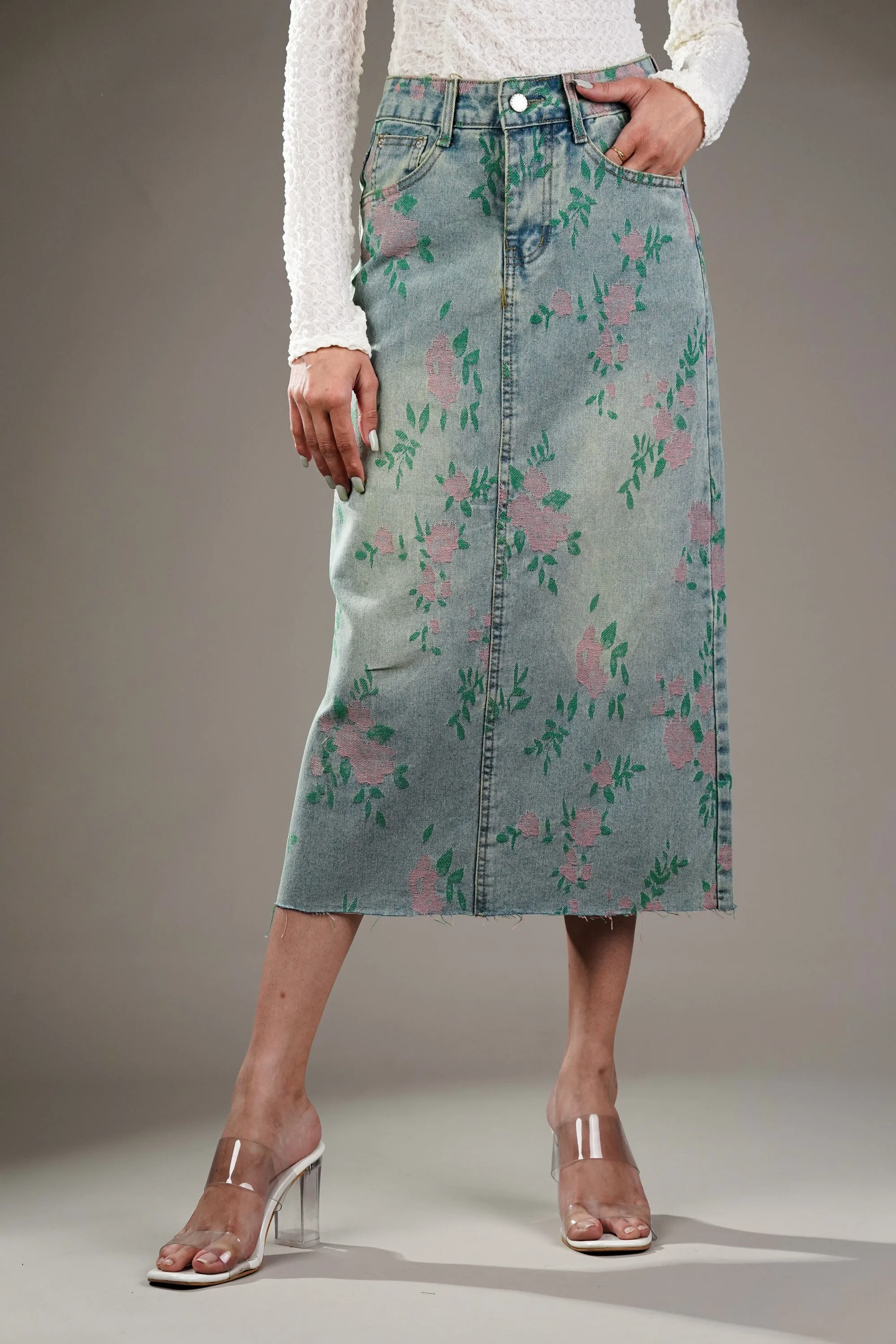 Woven Floral Pattern Denim Skirt