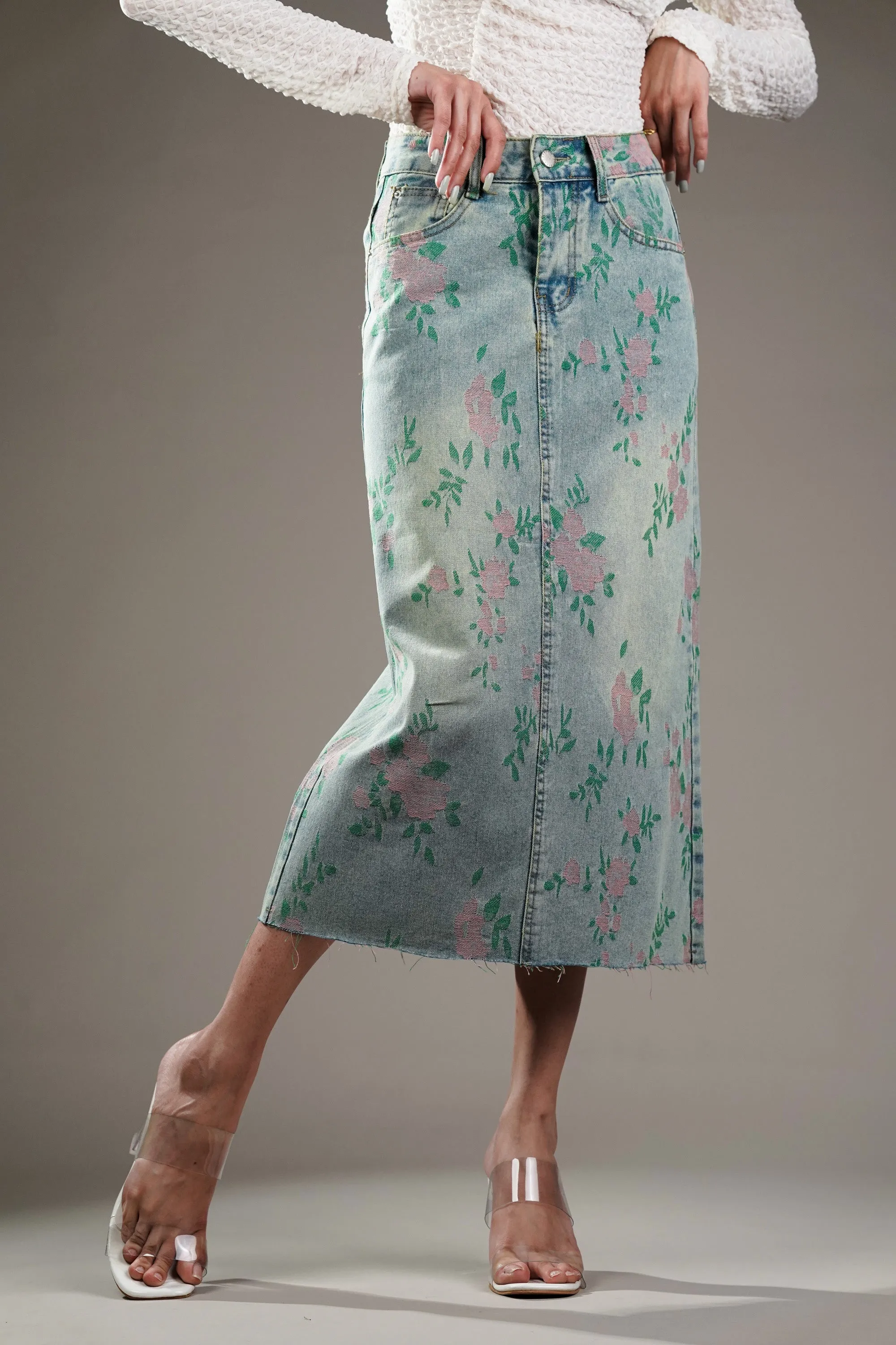 Woven Floral Pattern Denim Skirt