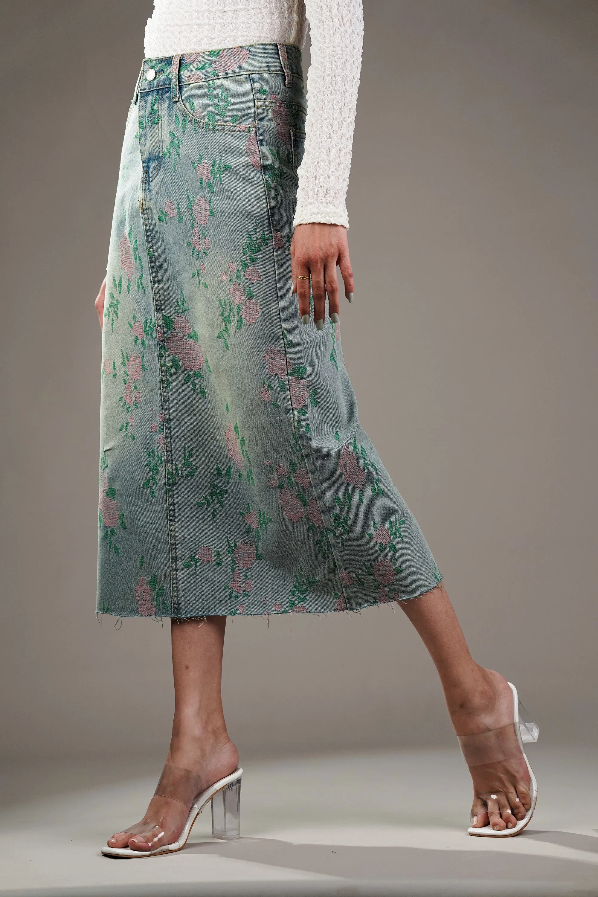 Woven Floral Pattern Denim Skirt