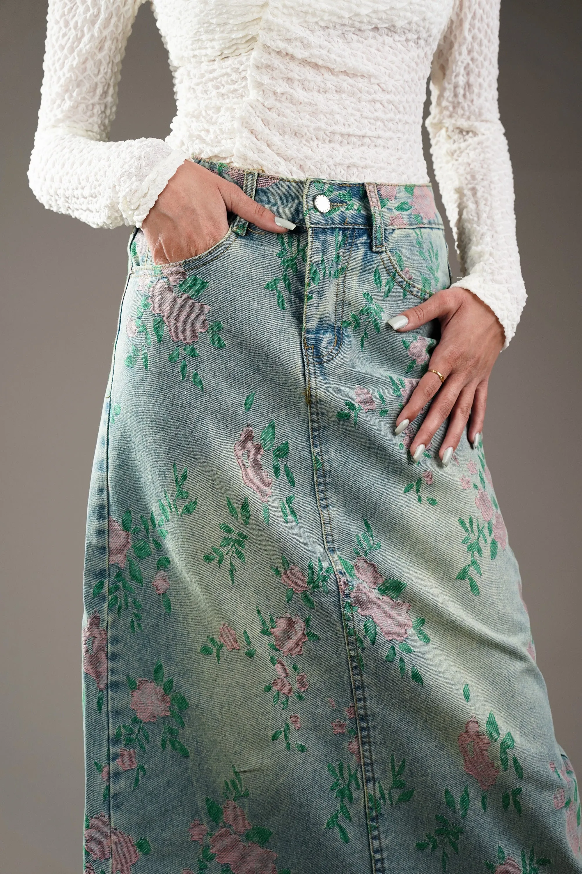 Woven Floral Pattern Denim Skirt