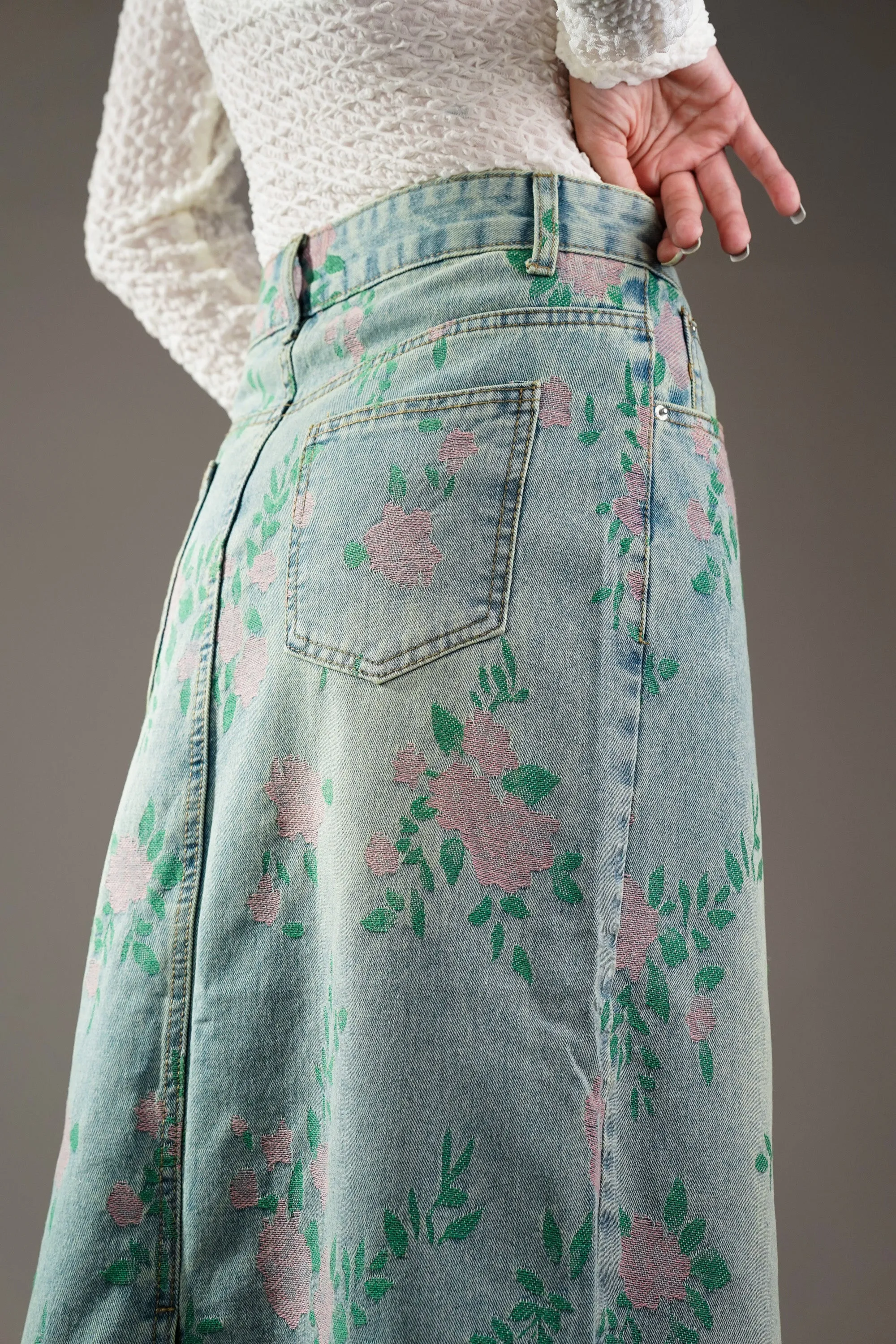 Woven Floral Pattern Denim Skirt