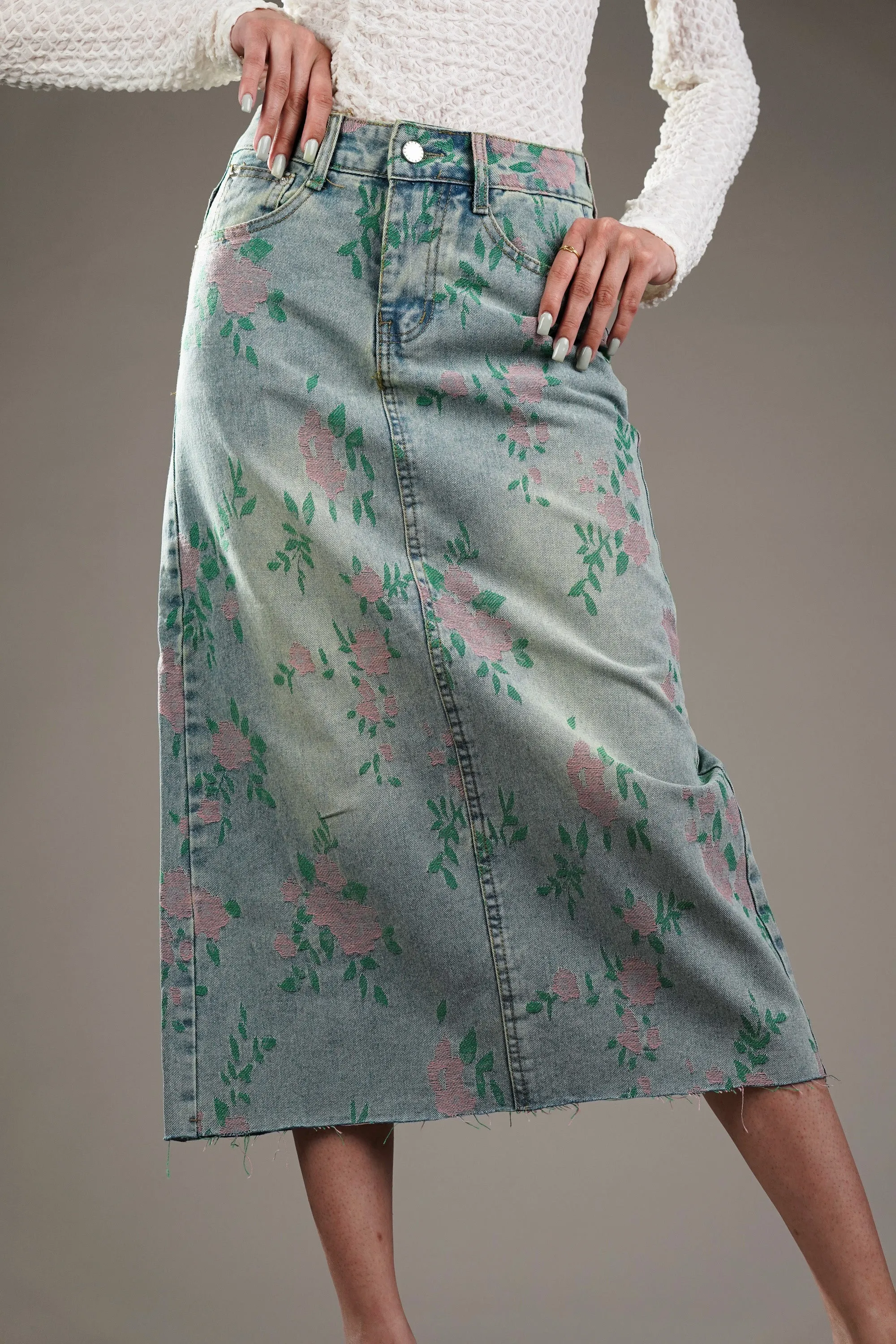 Woven Floral Pattern Denim Skirt