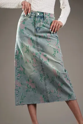 Woven Floral Pattern Denim Skirt