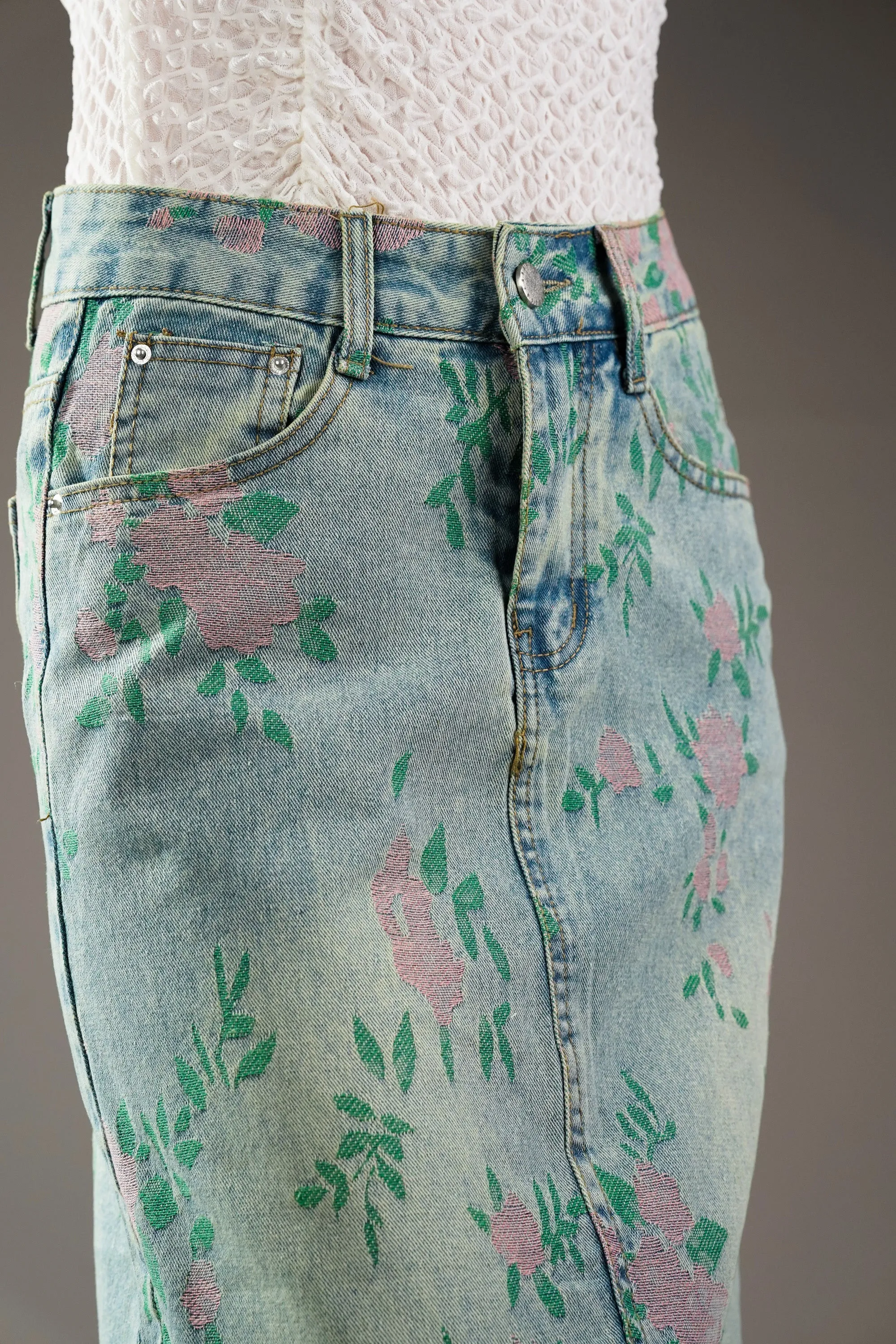 Woven Floral Pattern Denim Skirt