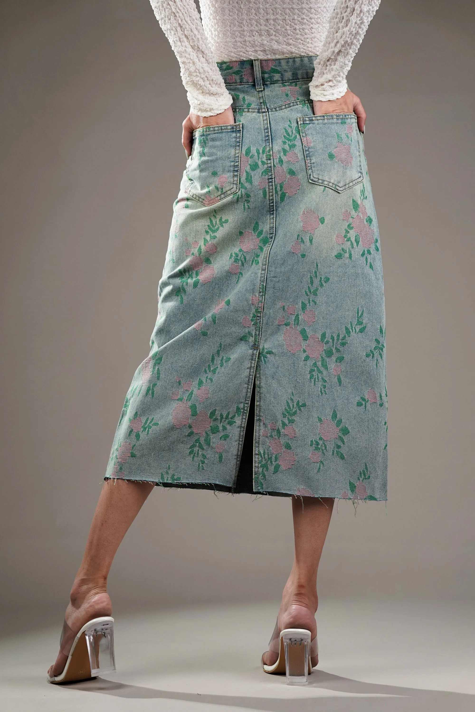 Woven Floral Pattern Denim Skirt