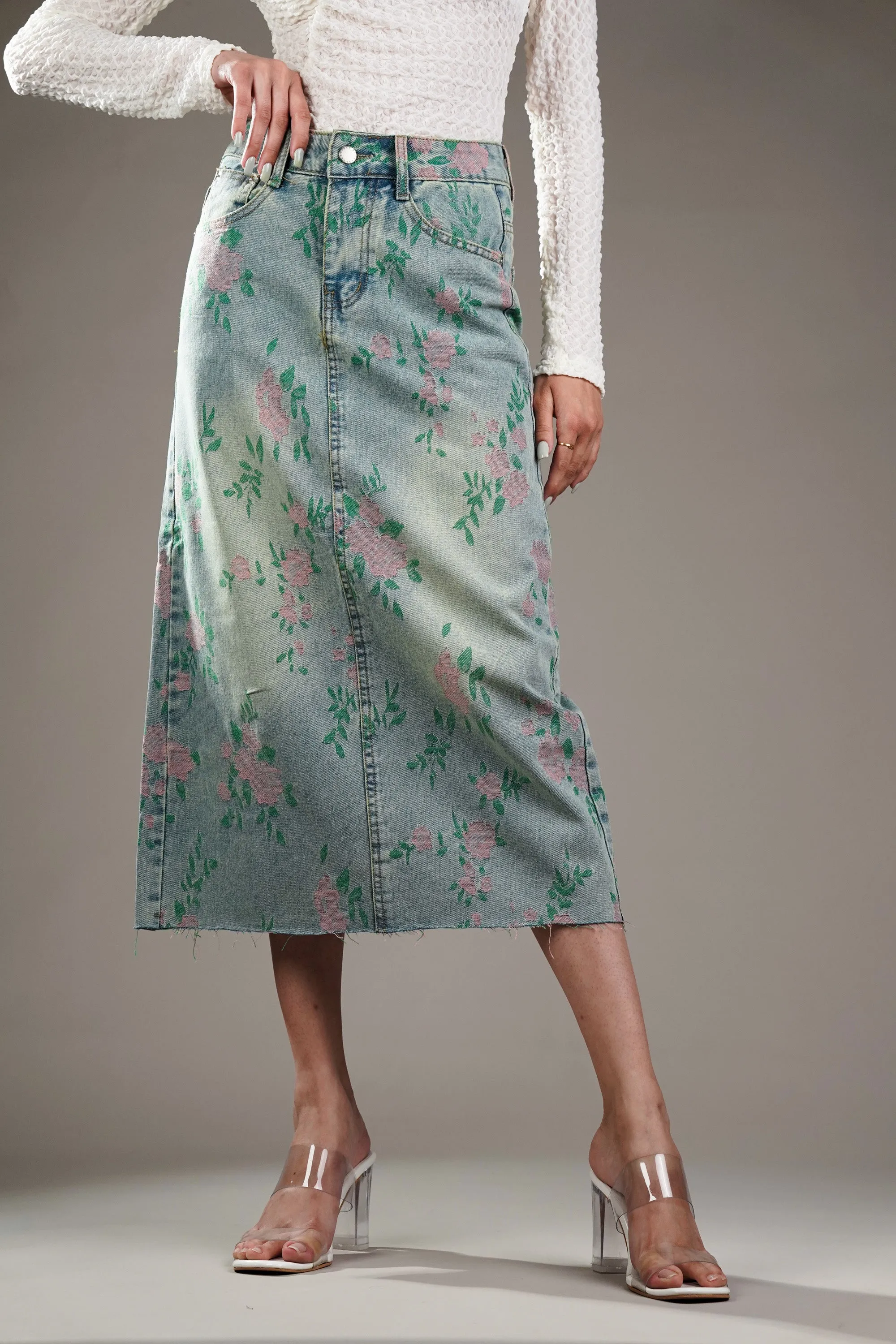 Woven Floral Pattern Denim Skirt