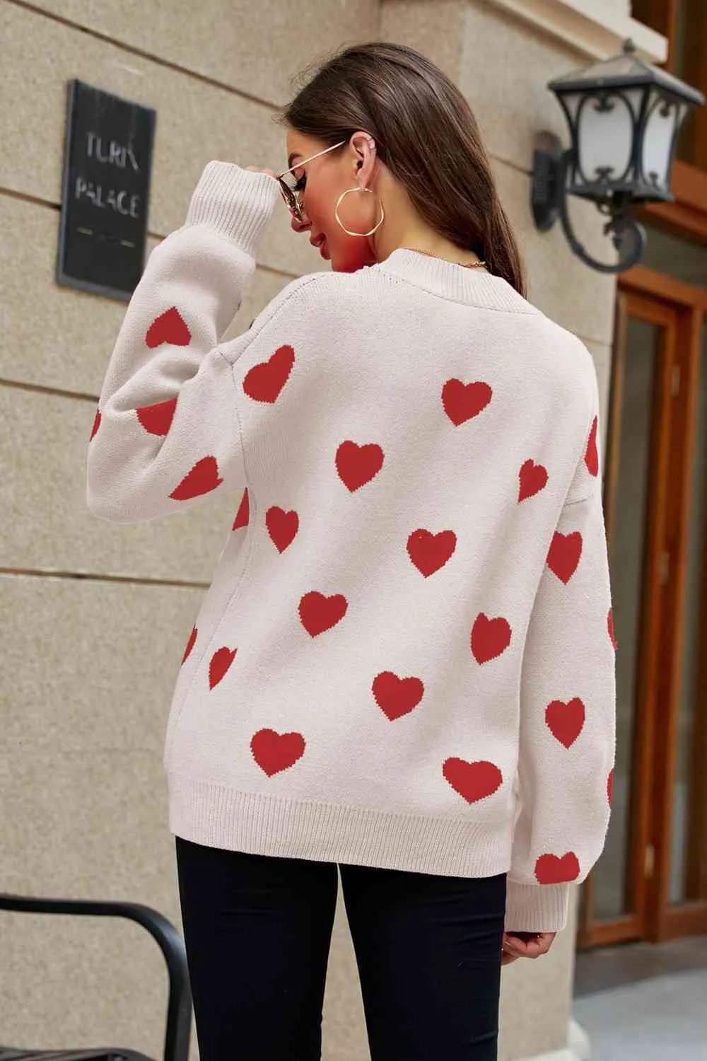 Woven Right Heart Pattern Lantern Sleeve Round Neck Tunic Sweater