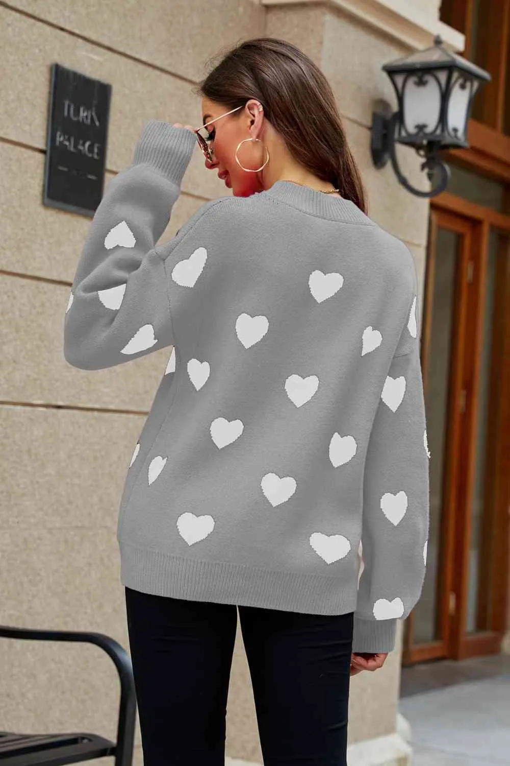 Woven Right Heart Pattern Lantern Sleeve Round Neck Tunic Sweater