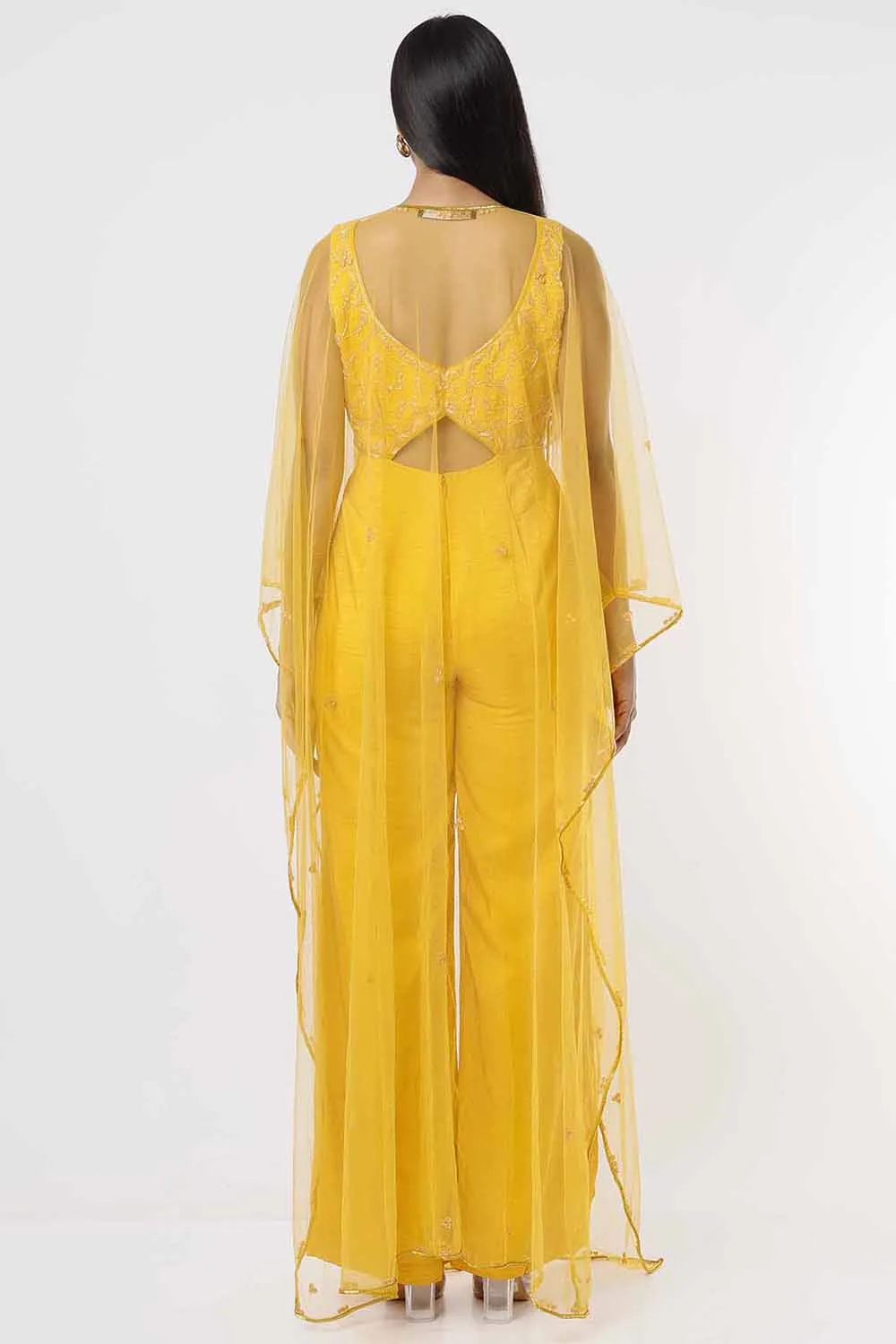 Yellow Embroidered Jumpsuit With Cape